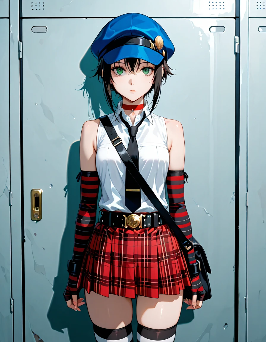 marie, 1girl, solo, thighhighs, skirt, plaid skirt, gloves, striped, hat, plaid, bag, fingerless gloves, striped thighhighs, elbow gloves, necktie, sleeveless, short hair, black hair, boots, belt, messenger bag, sleeveless shirt, zettai ryouiki, shoulder bag, handbag, choker, bare shoulders, shirt