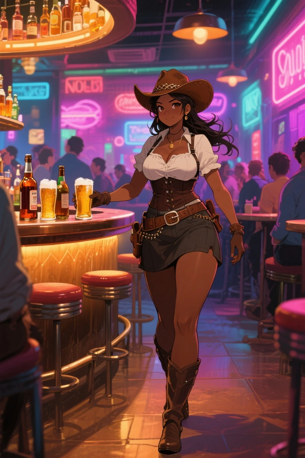 ((Masterpiece)), ((Best Quality)), Ultra High Resolution, HDR, absurderes, 8K, (1 girl), intricate details, ultra-detailed, dramatic lighting, blushing, angry, brown eyes, short black hair, 2 pigtails, (wearing a black bikini, jean shorts and a beach hat), in a restaurant, gorgeous girl, large breasts, gorgeous body, glossy skin, vivid colors, full body view, detailed illustration, detail background, feminine, professional artwork, big thighs, cleavage, small waist, wide hips