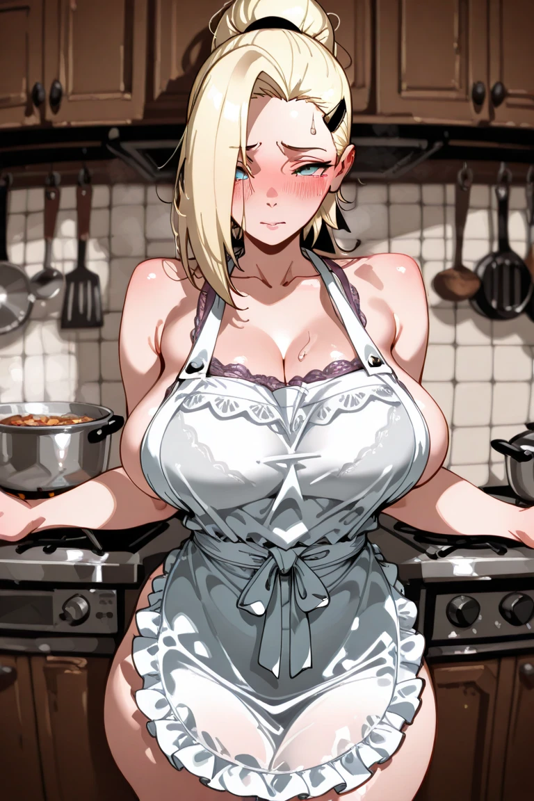 ultra HD, precise, work of art, anatomically correcte, texturized skin, super detaill, best qualityer, 16K, 1080P,standing alone,(1 female,perfectbody,short white hair),(blue eyes with red x-shaped pupils:1.9),(wearing a naked apron:1.7)(transparentes),(sweating skin:1.7),(wearing white silk stockings:1.7),(open pose:1.7),(blush completo:1.7),(in kitchen),(impacto genshin/arlecchino),[face detail]

