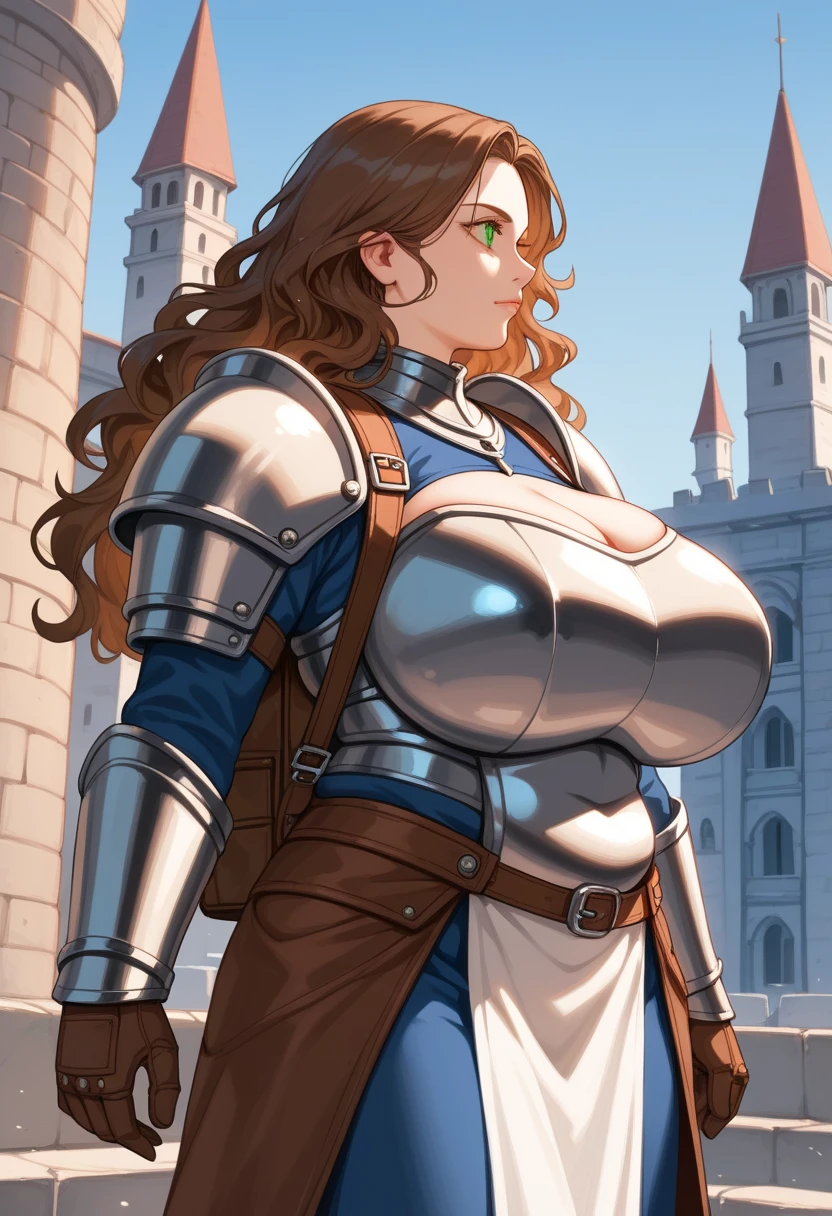 (masterpiece:1.2, best quality), realistic, (real picture, intricate details, depth of field), (1girl, solo), (wearing battle armor:1.4), make up, parted lips, highly-detailed, gorgeous perfect face, (huge breasts:1.8), (skindentation), average waist, tall, Luscious lips, (Voluminous Brunette hair) ,beautiful hazel-blue eyes, sexy, blushing, ( Temptress) Voluptuous, Curvy, (Seductive dynamic pose) (Hanging breasts), (Deep Cleavage) castle