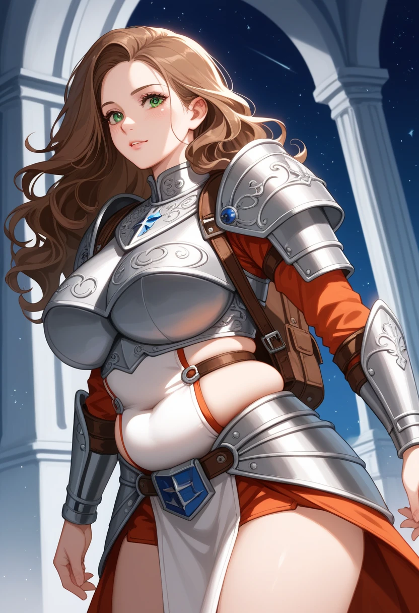 "(masterpiece:1.1), best quality,
1girl, (80s anime style:1.3), (eyelashes:1.5), (:1.2),
(intricate high detailed body:1.2),
(red hair:1.1), (hair over one eye:1.1), (short hair, french braid:1.1), (hair ornament:1.2),
brown eyes, (red lip stick:1.3),
(gigantic breasts:1.5),
(angry, smile:1.2),
(lace leotard armor, underboob cutout:1.2), (garter belt:1.2),
(knight armor, armored boots:1.2), (frill:1.1), (accessories:1.1), hand cuffs,
standing, arms behind back,
(upper body, cowboy shot, looking at viewer, from front:1.1),
(daytime, grassland, outdoors:1.2)"