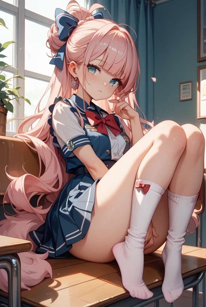 (masterpiece、highest quality、Super detailed)、((One girl))、((Pink Hair))、((Twin tails))、((Light blue eyes))、evil smile、((Grin))、Earrings、((Very large breasts))、((White collared shirt))、Short sleeve、cleavage、((Black pleated skirt))、((white baggysocks:1.2))、Loafers、sitting, knees up、Gym storeroom