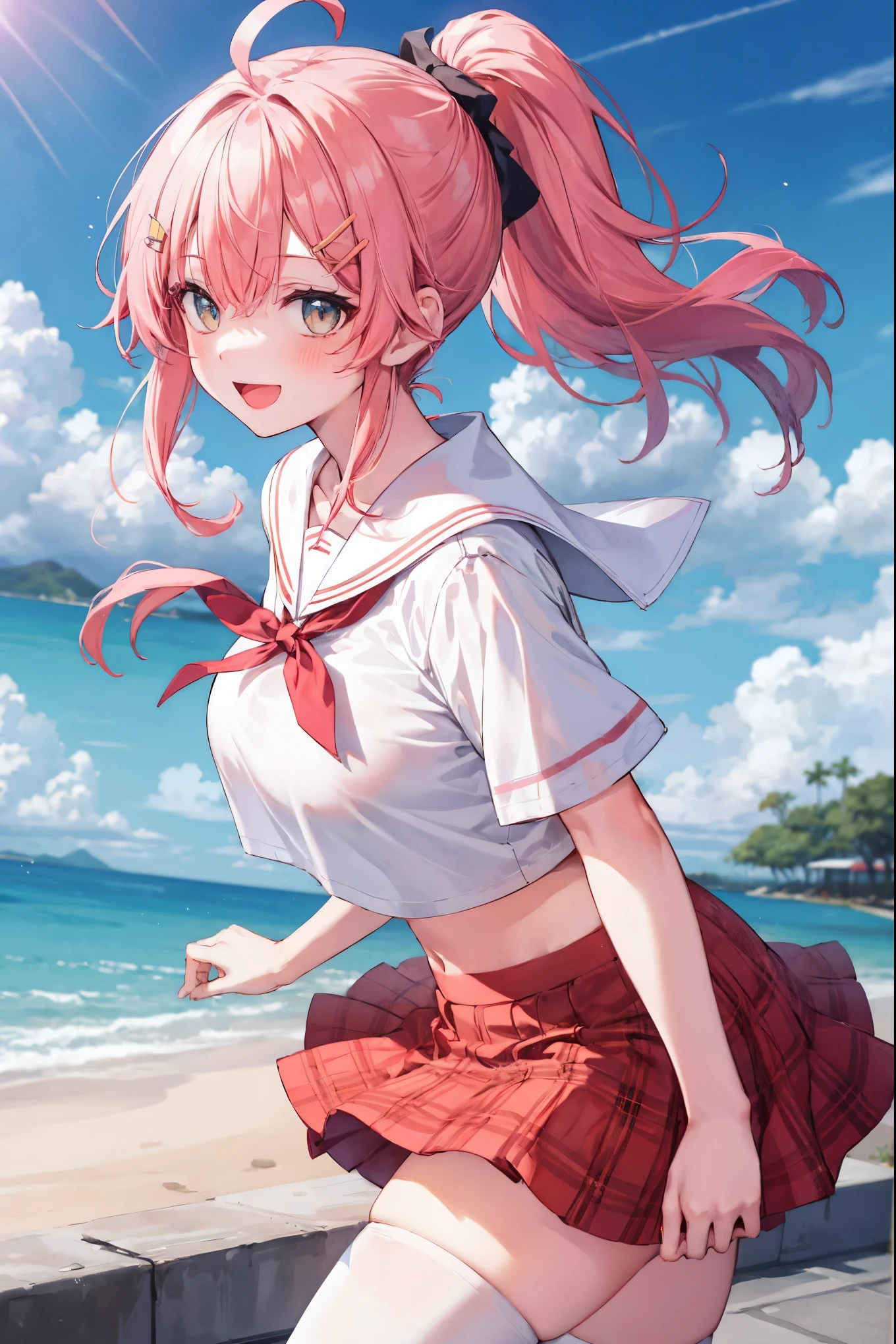 masterpiece, best quality, 1 _girl, solo, MikoSchool,ahoge,pink_hair,(short_ponytail:1.3), hairclip, white shirt, sailor_collar, pink_skirt, plaid, white_thighhighs, short_sleeves, looking through legs,big_smile,large_breasts,midriff,happy, excited,open_mouth,large_droopy_eyes