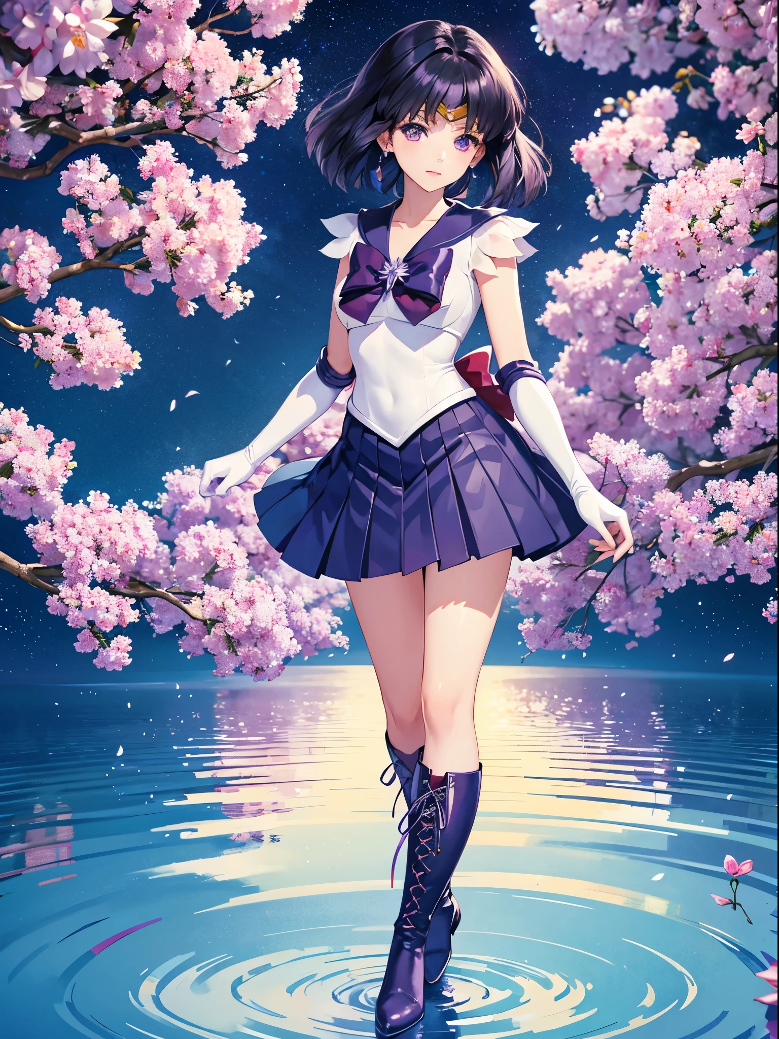 sailor saturn, 1 girl, black hair, short hair, purple eyes, detailed eyes, female focus, alone, Standing, Hotaru Tomoe, portrait, full body, (Masterpiece:1.0), (best quality:1.0) , (wallpaper 8k:1.0), (detailed beautiful face:1.0), (detailed deep eyes), deep eyes, looking at viewer, sailor scout, lilac bow on chest, lilac skirt, white gloves, purple boots with white laces, she is in the foreground, background flowers