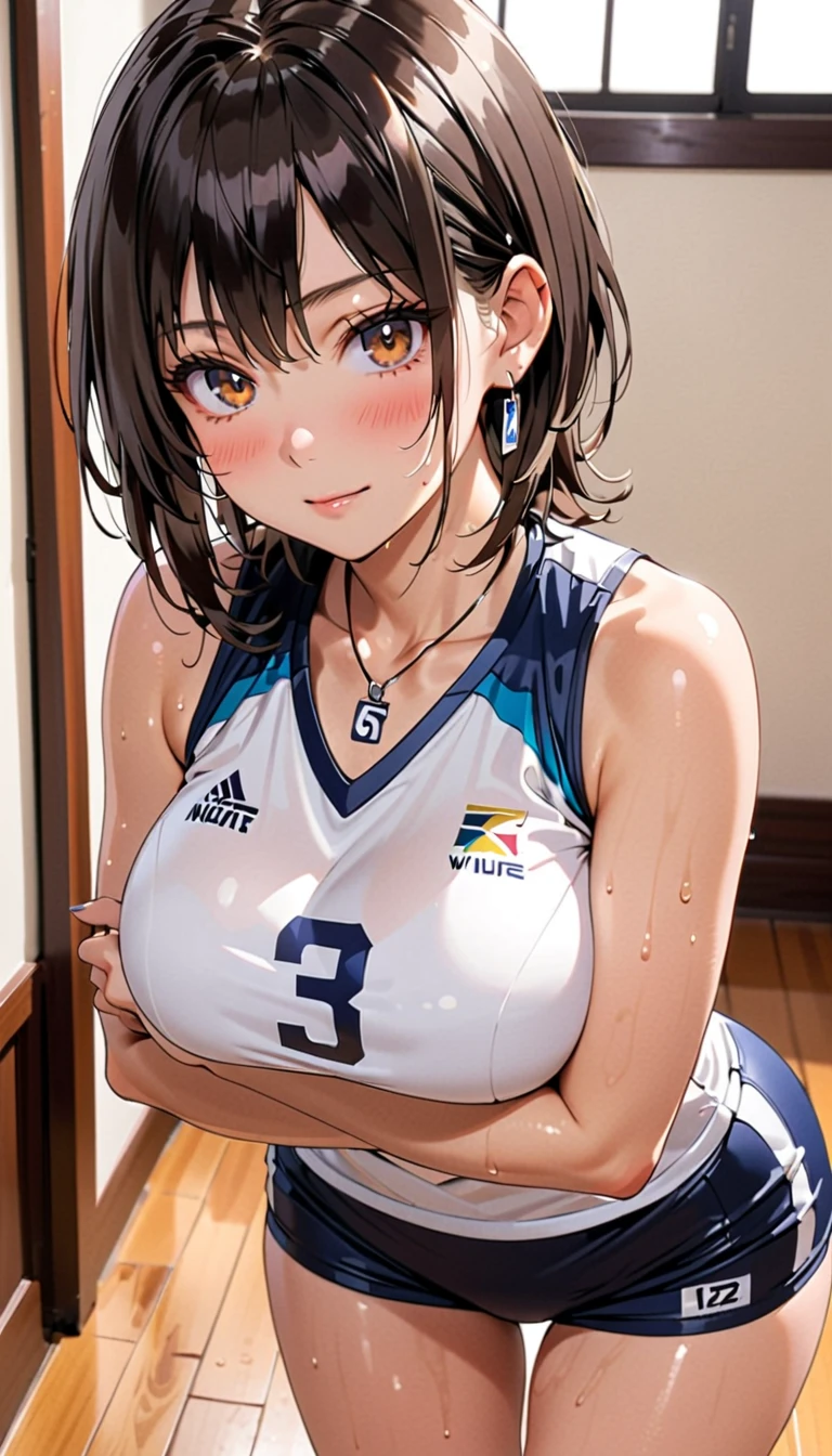 table top, highest quality, High resolution, perfect pixel, 4k,, 1 girl, single, alone, Beautiful woman、I could see the whole body、 ((ponytail、wavy hair, bangs, brown hair)), ((brown eyes, beautiful eyelashes, realistic eyes)), ((detailed face, blush:1.2)), ((smooth texture:0.75, realistic texture:0.65, realistic:1.1, Anime CG style)), medium breasts, dynamic angle, perfect body, ((sit with legs wide apart、Blue and white volleyball uniform、short sleeve shirt、shorts、Her white lace panties are sticking out a little..、see through nipples、、))、upper grade、locker room、、Very embarrassing panic smile、、、my chest is wet、cover your chest with both hands