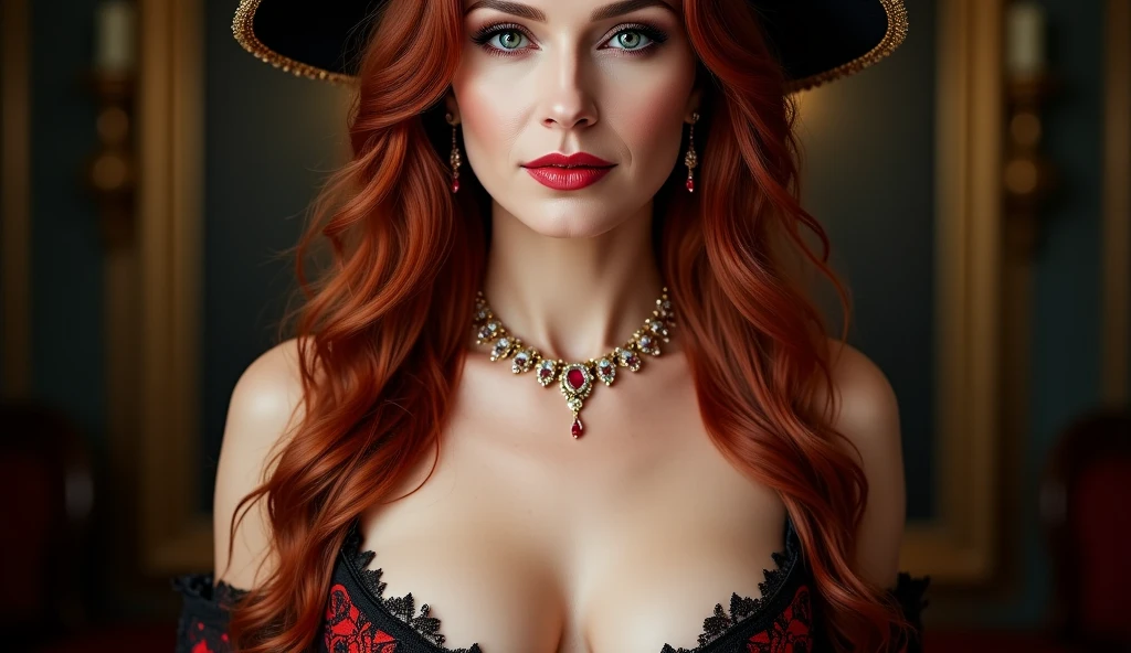 Gorgeous european woman with short hair, braided hair, wet hair, hair slicked back, combed straight back, slick hair, red gradient hair, dressed as a gypsy pirate, small pirate hat, jewelry, cleavage, glamour, solid dark grey background