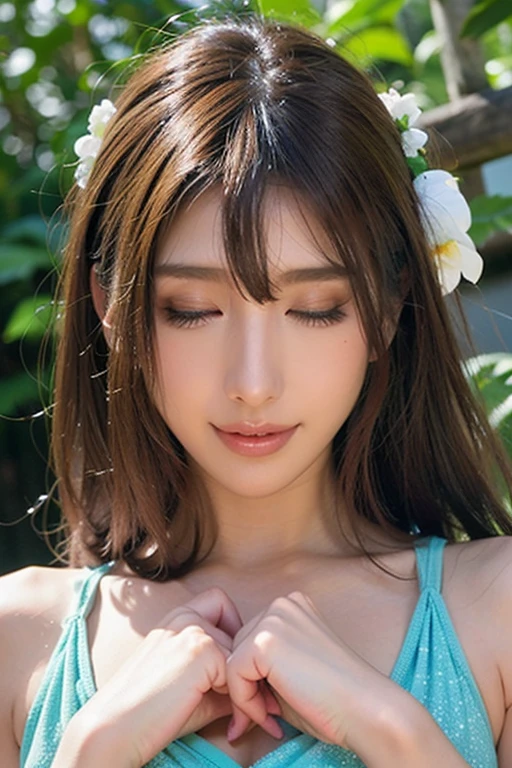 Top-quality Realistic,Official art,Highly detailed CG Unity 8k wallpaper,ultra-detailliert,hight resolution,Physically-based rendering,Magnificat,finely detail,masterpiece,Best Quality,ultra detailed,Mature beauty,Beautiful women,1girl,moist lips,sexy lips,Sexy smile,Gentle smile, 20 years old, Beautiful bare skin,Smooth bare skin, big well-shaped breasts,beautiful Mature body,swept bangs,(Medium hair:1.3), beautiful detailed eyes,model shoot style,Japanese Idol,Full-body,((Hydrangea blooming on the slope behind the alley )),BREAK,(Linen Micro mini bikini:1.3),Walking model pose,Delicately expressed eyes,cute smile,shoot from below,(Walk along a path surrounded by hydrangeas), A lot of hydrangea are blooming,model pose,((Extreme close-up)),