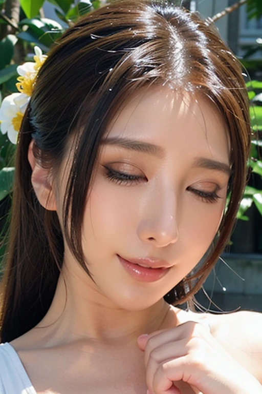 (Best quality,4K,A high resolution,Ultra-detailed,Realistic:1.37),Vivid colors,Sunlight,llight rays,bergamot,white blossoms,Beautiful girl,Exquisite features,Flowing hair,Serene expression,Garden setting,Elaborate dress,Soft sunlight,Gentle breeze,Cheerful ambiance,Backlit scene,a hint of smile,ethereal glowing,Morning freshness,Long shadows,harmony of nature,subtle reflections,Natural beauty,Twinkling dewdrops,Clear detail,serenity and calm,Sublime ingredients,Arrive at the branch,whispering leaves,Aromatherapy petals,with light glowing,Sparkling highlights,Subtle shadows,Soft focus,Sublime beauty,Whisper natural,Fantastical Atmosphere,Illuminated background.