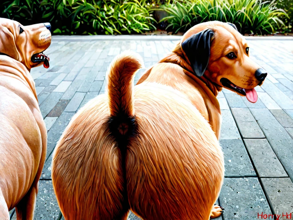 A beautiful female dog with large round booty, realistic, photorealistic, detailed, 4k, detailed fur texture, detailed facial features, extreme detail, detailed eyes, detailed snout, detailed paws, realistic proportions, dynamic pose, farting directly at the viewer, photographic lighting, cinematic composition, highly detailed