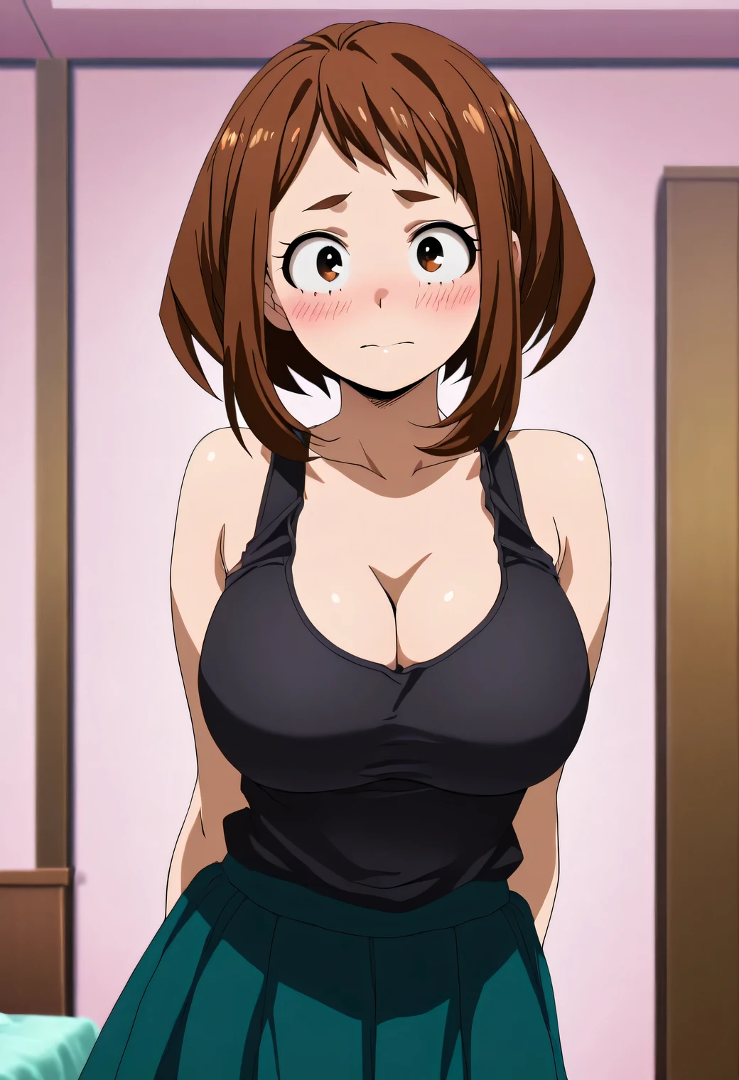 uraraka ochako boku no hero academia 1 girl, thick eyebrows blush stickers, brown hair, brown eyes, short hair, sideburns, medium breasts skindentation smile :D blush masterpiece, best quality, highres, hmochako, blush stickers, short hair, medium breasts. cleavage, collarbone, black shirt, sleeveless, standing, sliding doors,