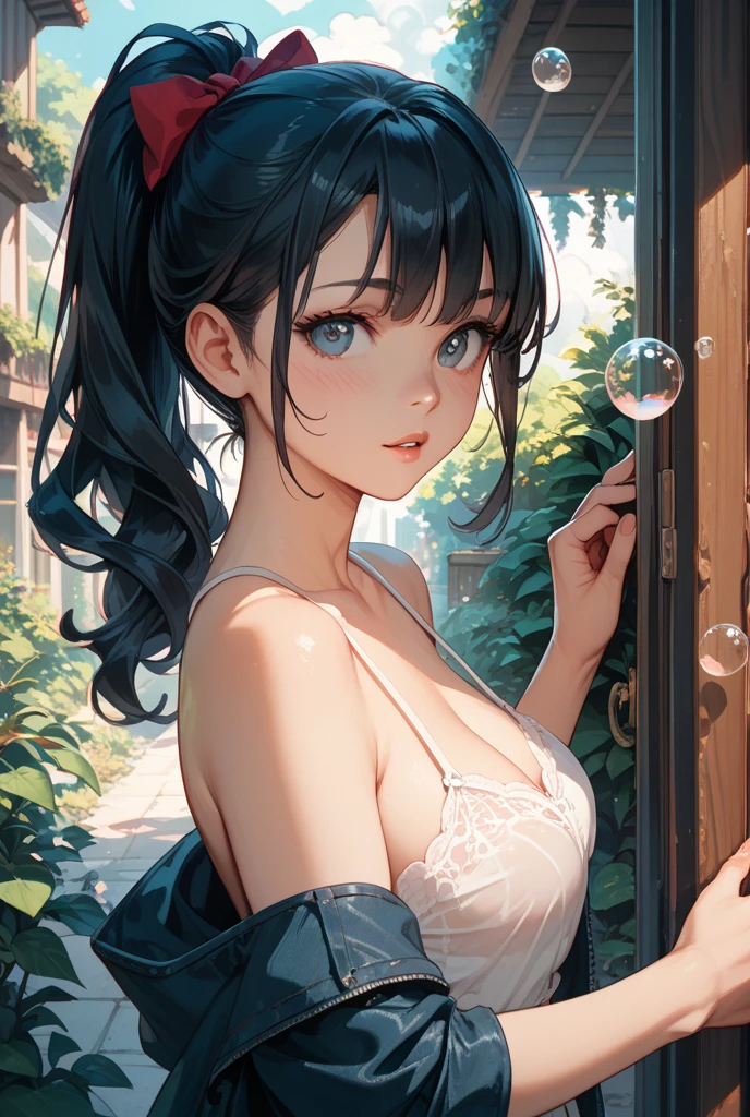 super gigantic breasts、Very large breasts、Standing posture、The whole body is visible、Elf、Clothes made from leaves、Huge chest、Cute face、Wink、Thick lips、Sexy pose、Masterpiece、Real Anime、Anime Style、Brown ponytail、fantastic garden、field、Beautiful views、Spectacular views、Soap bubble、The city seen in the distance、Distant view of the city