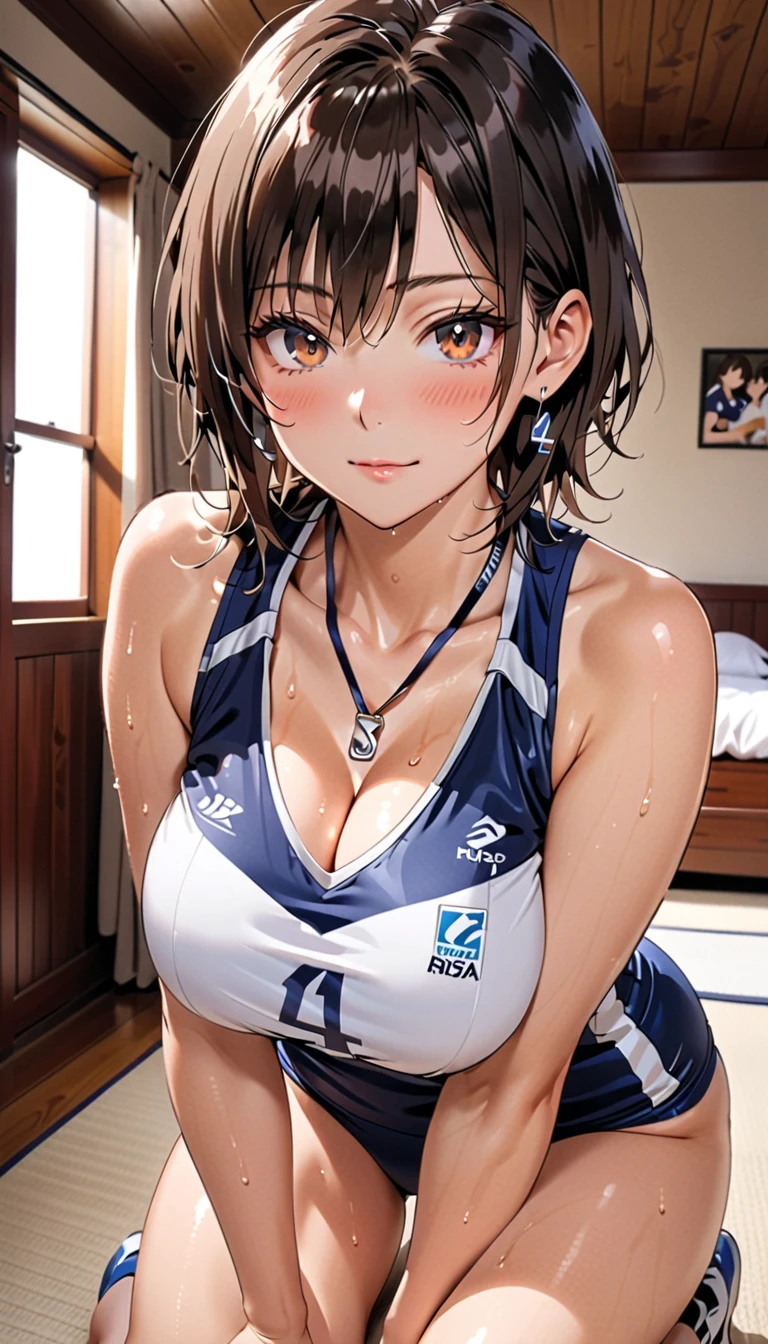 ((masterpiece)), ((highest quality)), (Super detailed), ((cute)), cute, (Lovely), ((sexy)), (device), ((very detailed)), 4K, (8K), highest quality, (beautiful), anime style, realistic, real,  (((view from front))), character focus, ((in sports gym)), 1 girl, solo, cute girl, ((Volleyball uniforms)), (hyper cute face), beautiful light brown hair, beautiful black eyes, ((beautiful eyes)), large breasts, embarrassing, blush, shiny skin, ((sweat))