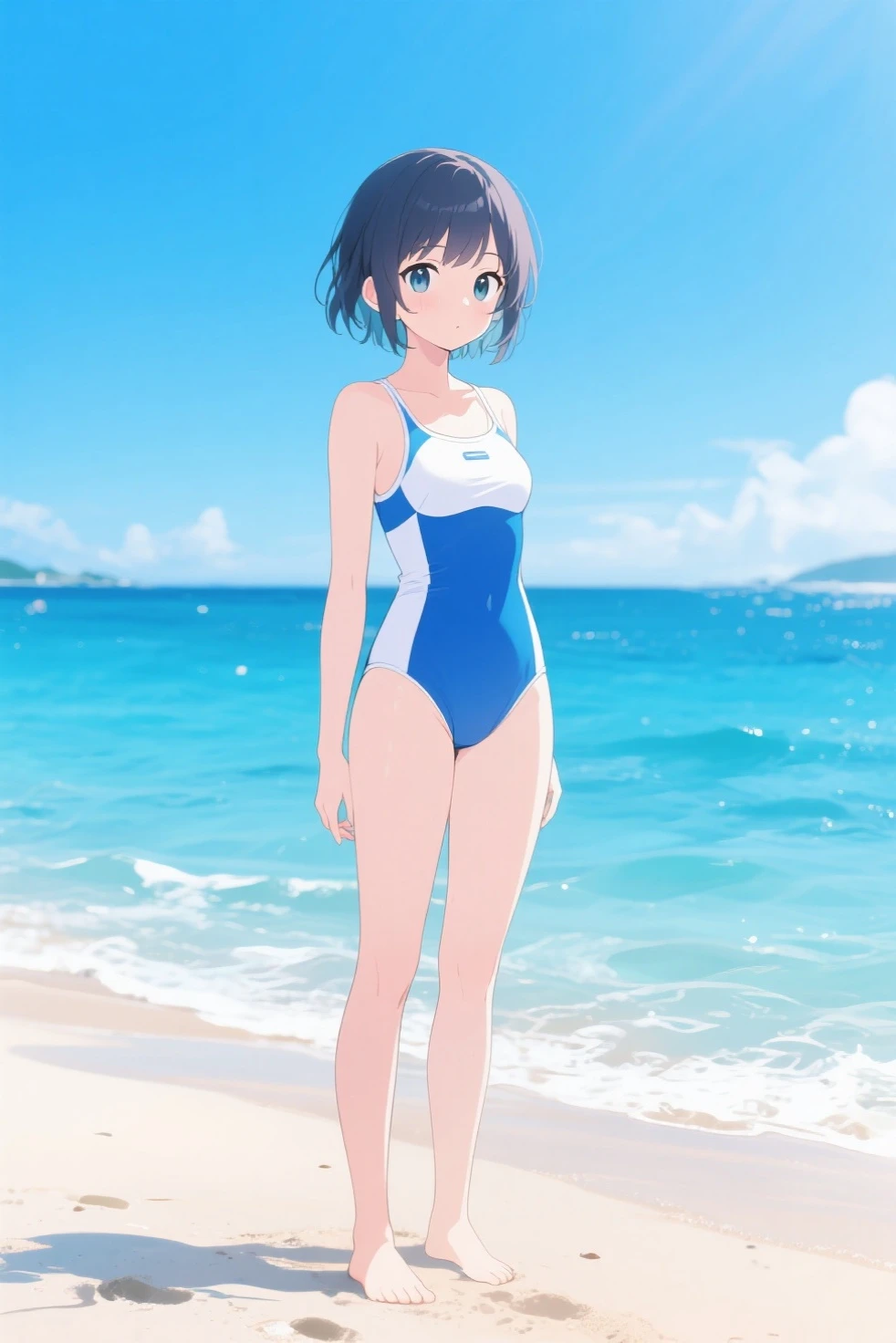 (high quality, High resolution, Very detailed, reality:1.37), Peaceful atmosphere, (Sandy Beach), Teenage girl standing alone, (my breasts are big.), Beautiful details, Cute Smile, (Black bob hair), White one piece swimsuit, barefoot.