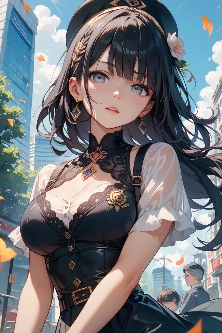 ((masterpiece, best quality)), very aesthetic, ultra detailed, intricate details, highly detailed, UHD, HDR, 8K, perfect face, 1girl, long black hair, streaked rainbow hair, black dress, large breasts, blue eyes, yellow eyes, heterochromia, (newest anime art style)