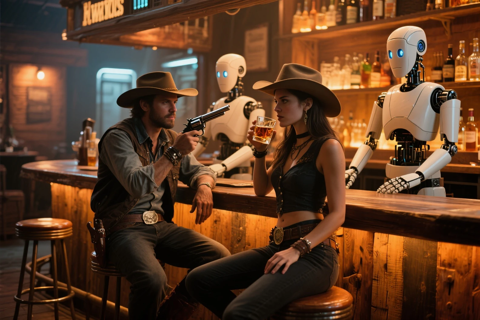 there are three people sitting at a table with a skeleton in a costume, cyberpunk wild west, a photo of an old opened camera, posing in disguise among humans, cinematic , - h 7 6 8, a still of a happy, adamantium, oldwest, skynet, exploitable image, by Dan Scott --auto --s2
