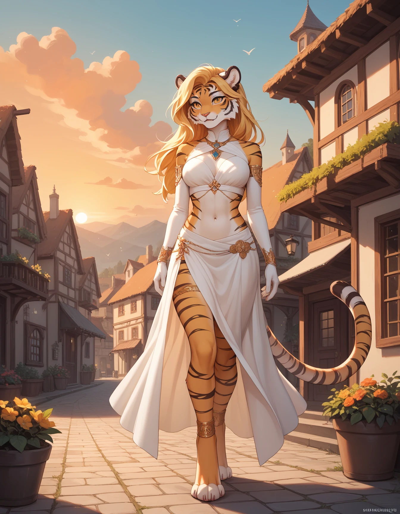 ((masterpiece)), ((best quality)), (illustration, cartoon, colorful), furry female, cheetah, felid, feline, mammal, anthro, blonde hair, no clothing, female, fur,  hair, barefoot, (((long shot, full body portrait))), tail, grass, trees, mountains, sunlight, solo, standing, upper body, hand on hip