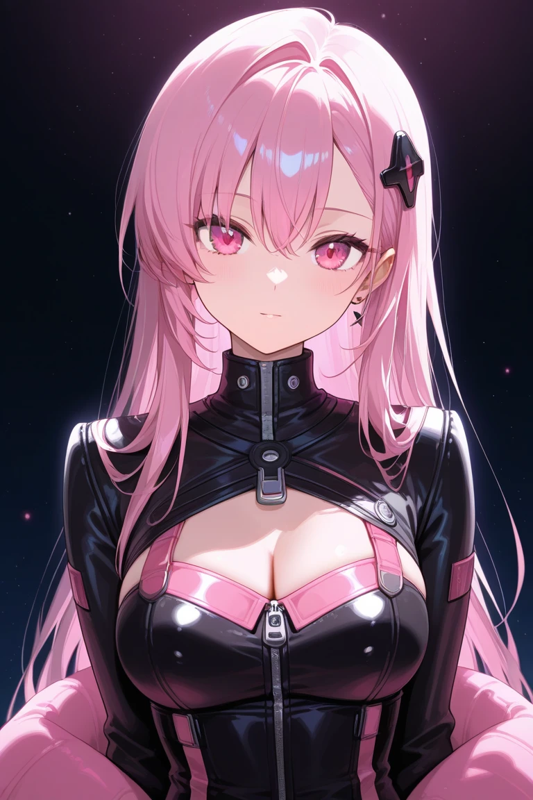 (masterpiece))), (ultra-detailed, top quality, high resolution, 8k wallpapers, beautiful clothes,)), whole body (one girl) (pink hair, long hair, straight hair, both sides up)) (green eyes)), eyeshadow, eyeliner, glowing eyes, ultra-detailed eyes, complex eyes, beautiful eyes, (glowing pink pupils)) 18-year-old girl. Wearing a transparent jacket made of PVC material. Smiling face. Small breasts (black background) cute pose