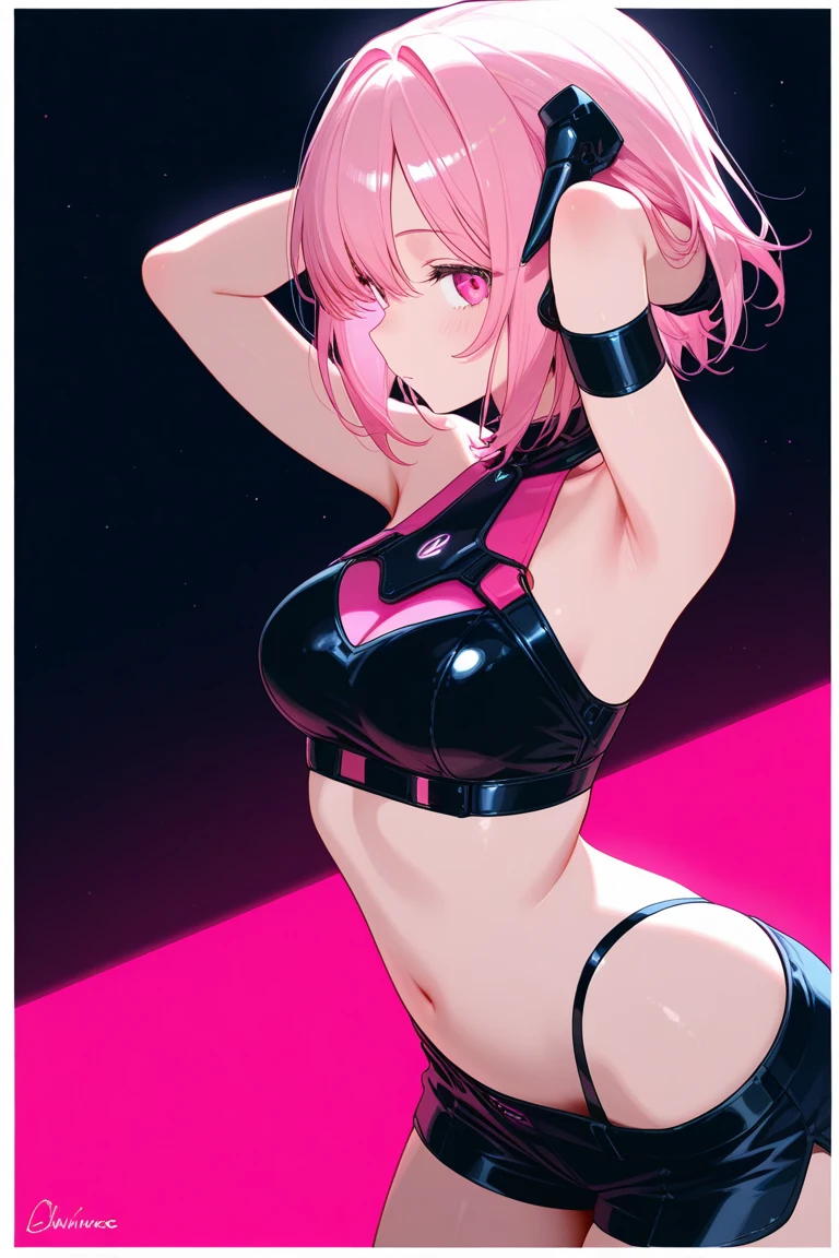 ((masterpiece, best quality, ultra detailed)), flat color, dutch angle, (medium breasts:1.6), (under boobs:1.3), sobbing punk girl, emo girl, punk hair, tattooed body, black and pink colored punk style bikini, (wariza:1.3), cyberpunk-style living room