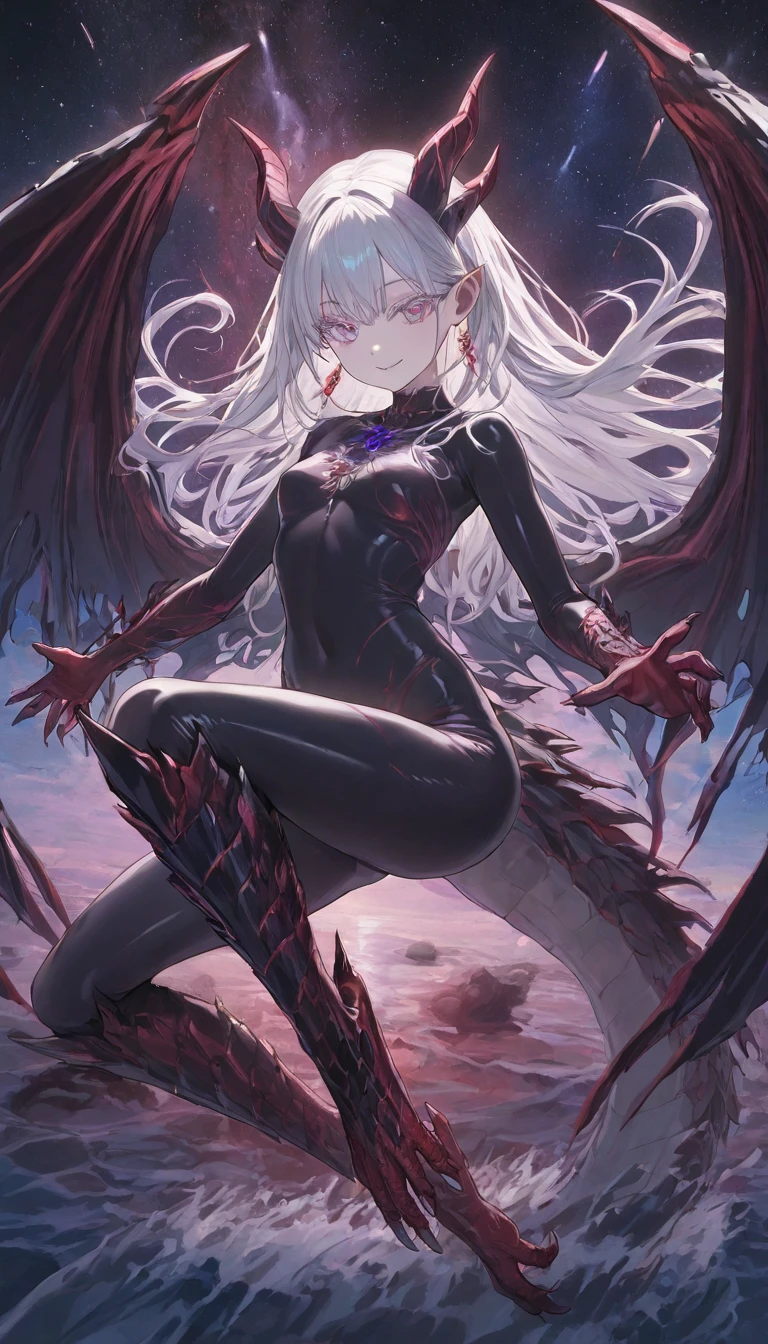 a smile　silber hair　Long　full body suits　seductiv　Morrigan Aensland