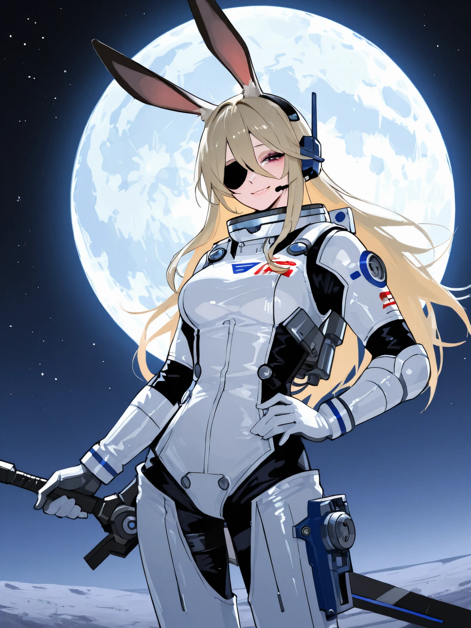 sci-fi worldview、slim spacesuit 、rabbit ears、  Eye patch、Woman with long blond hair 、big moon behind it  、Hold a mechanical sword、 cool、headset、 Smile、mature、 slightly big 