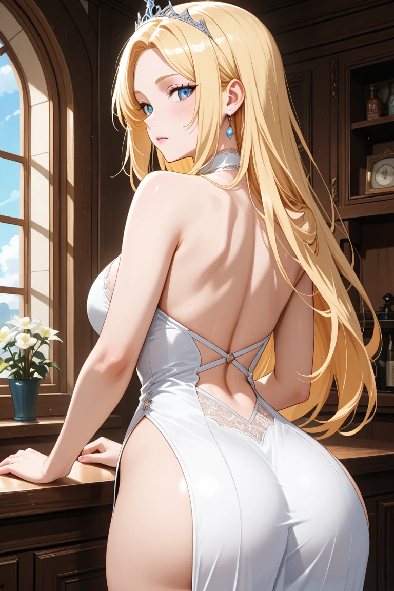 ultra-detailed、highest quality、Highest image quality、master piece、8K、blonde curly hair、(SFW huge body)、(((Rear view)))、cowboy shot