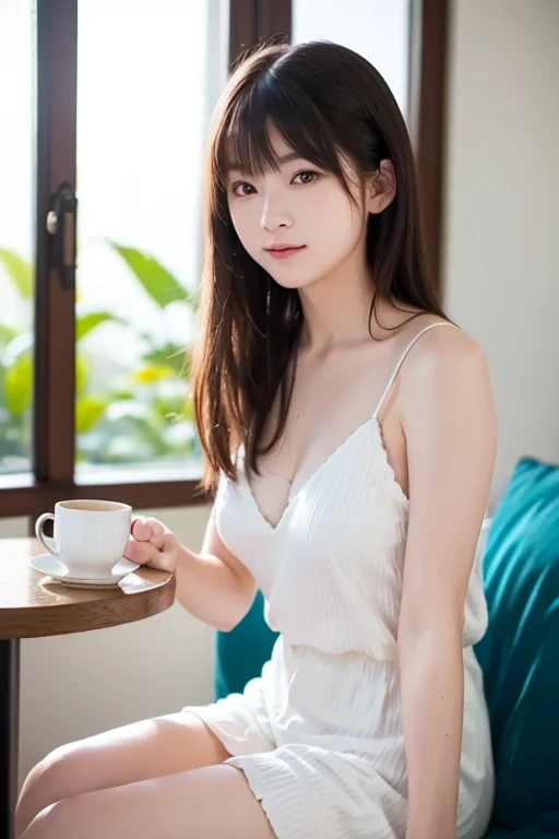 ((of the highest quality, 8K, masutepiece: 1.3, Raw photo)), Sharp Focus: 1.2, (1 AESPA Girl :1.1), Solo, (Realistic, Photorealistic: 1.37), (Face Focus: 1.1), Cute face, hyperdetailed face, (short messy hair: 1.2), Small Smile, Small breasts, flat chest, full nude, white chiffon shirt, standing, Thigh, cafe, bar, flower, lily