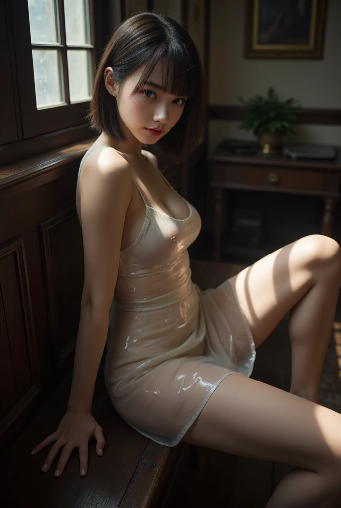Brunette Chinese girl, bangs, pure looking, big eyes, small mouth, super fine painting, ultra-short dress, rained, single dress, white slip dress light and transparent, no chest patch, no bra, no swimsuit, chest pink mark bulge, chest pink bumps obvious, wearing a single dress, vacuum, loose, chest chiaroscuro strong, realistic, super realistic, photogenic, hands caught, clothes torn, exposed side breasts, exposed lower breasts, sitting posture, looking down at the camera, legs open, the gap between the legs is clearly visible, Thong full body shot, looking up at the camera