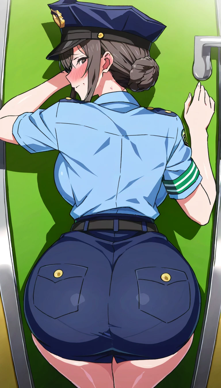 score_9, score_8_up, source_anime Bibl3, cute girl levitating, busty, hypnotized, mesmerized, glowing pupils, jenny (pokemon), green hair, huge breasts, police uniform, belt, pencil skirt, short skirt, white gloves, high heels, huge breasts, heavy breasts, breast expansion, full lips, vivid lips, wide hips, thick thighs, viewed from side, office desk, soft smile, calm expression, raised eyebrows, smile, wet pussy, detailed pussy, swollen pussy, pussy focus, looking straight up, legs folded up, detailed eyes, detailed face, pretty girl, floating in air, legs straight, blank stare, forest, natural light.