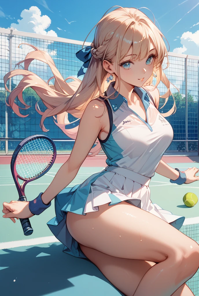 slim legs, happy, cleavage, short skirt, navel, blue eyes, tennis player, thigh high socks, stand, blonde hair, long hair, short skirt