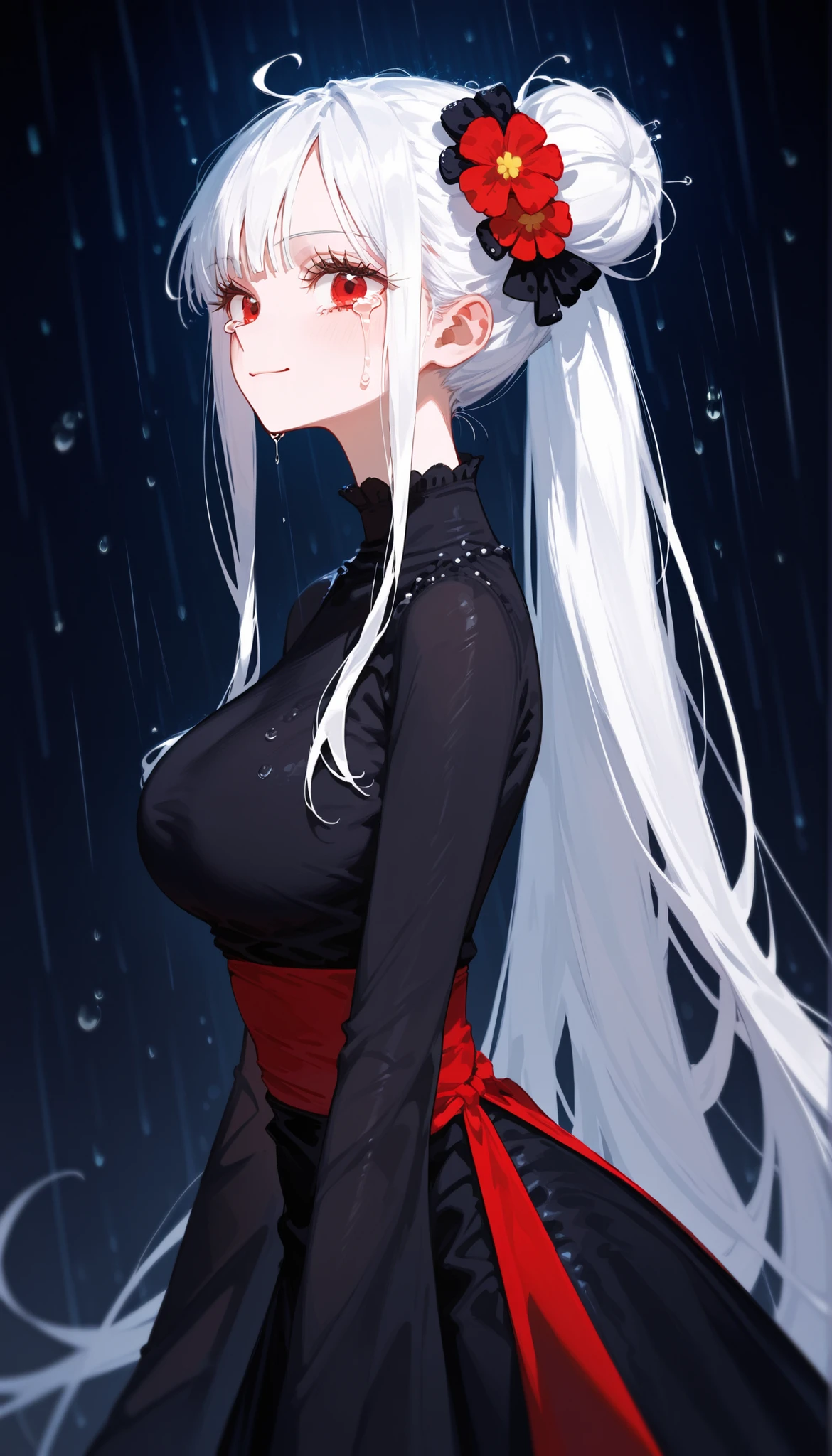 girl,white hair, long ponytail,in red eyes,Sharp eyes,Big Breasts,slim,Red set, princess ,Slim legs,Hair bun,,On the ground ,,rainหนัก,Long Eyelashes,meme,long skirt,cute,One Piece,side view,black shirt,Dance Costume,black background,smile,Flower Hair Ornament,Gothic,rain,Crying,Teardrop