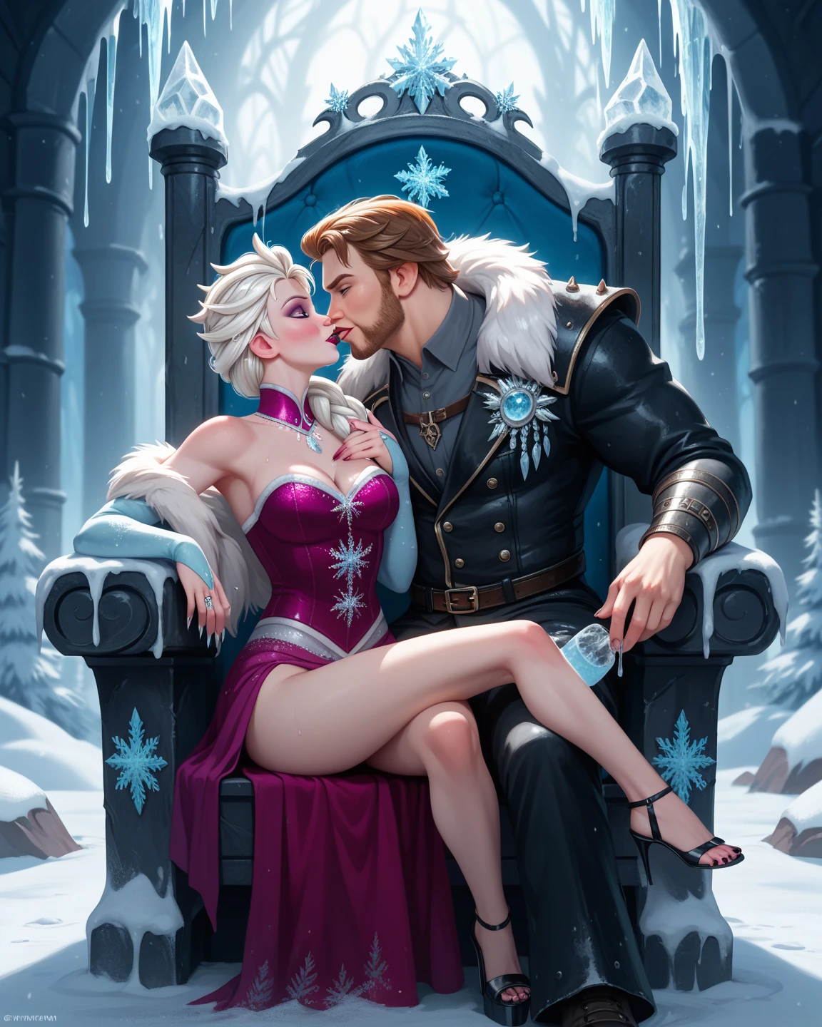 NSFW (nude) two humans (Elsa ((human)) medium breasts, strip of pubic hair) and ((Elsa ((human)) medium breasts, strip of pubic hair), vaginal penetration, fucking two male furry polar bears with red penis, full body, in a deserted snowy landscape