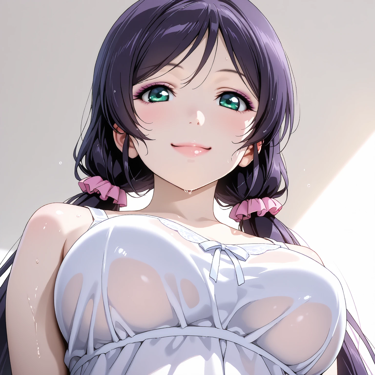 best quality, masterpiece, 1girl, (solo:1.1), raytracing, ultra detailed,detailed face, 8k wallpaper, wide hips, smile, HimejimaAkenoNDV, 1girl, black hair, small breasts, very long hair, purple eyes, red skirt, , shirt, corset, ponytail, hair ribbon, ribbon, outdoor, (wet clothes)、(view visible through clothes:1.0)、(view:1.0), black bra visible, cleavage, black panties, BREAK, sit under the rain, wet clothes, in dynamic pose