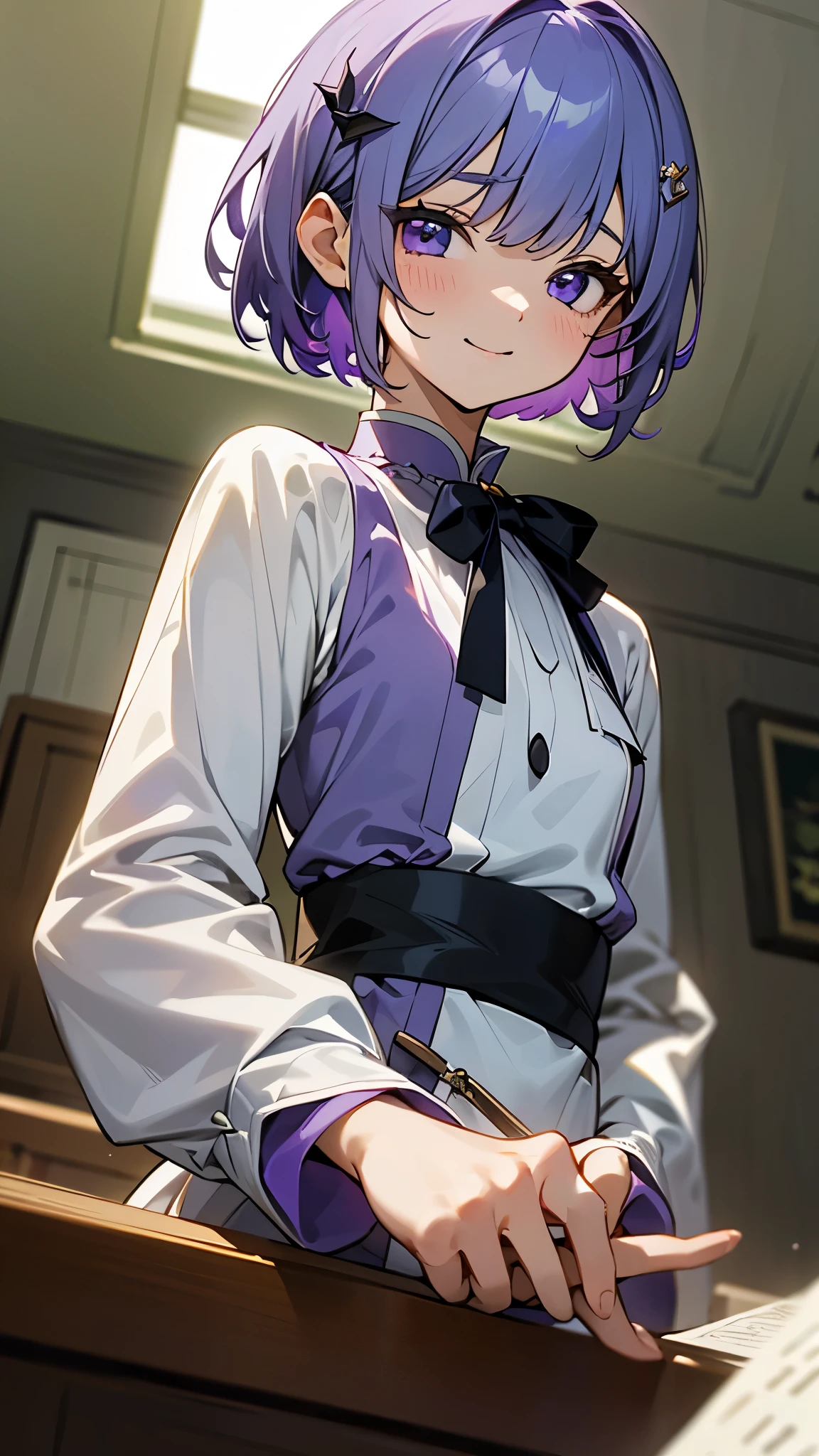 (from below:1.2)、(dynamic angle)、Clothes that get messy when you move、Purple short hair、purple eyes、small breasts、(((small breastsのfrom below素肌が見える白いレースのエプロン)))、 smile that captivates the viewer 、stare at the cameraman looking straight ahead、(Professional Lighting)、 writing depth of boundary 、beautiful hands、beautiful fingers、Detailed finger features、Detailed Garment Features、