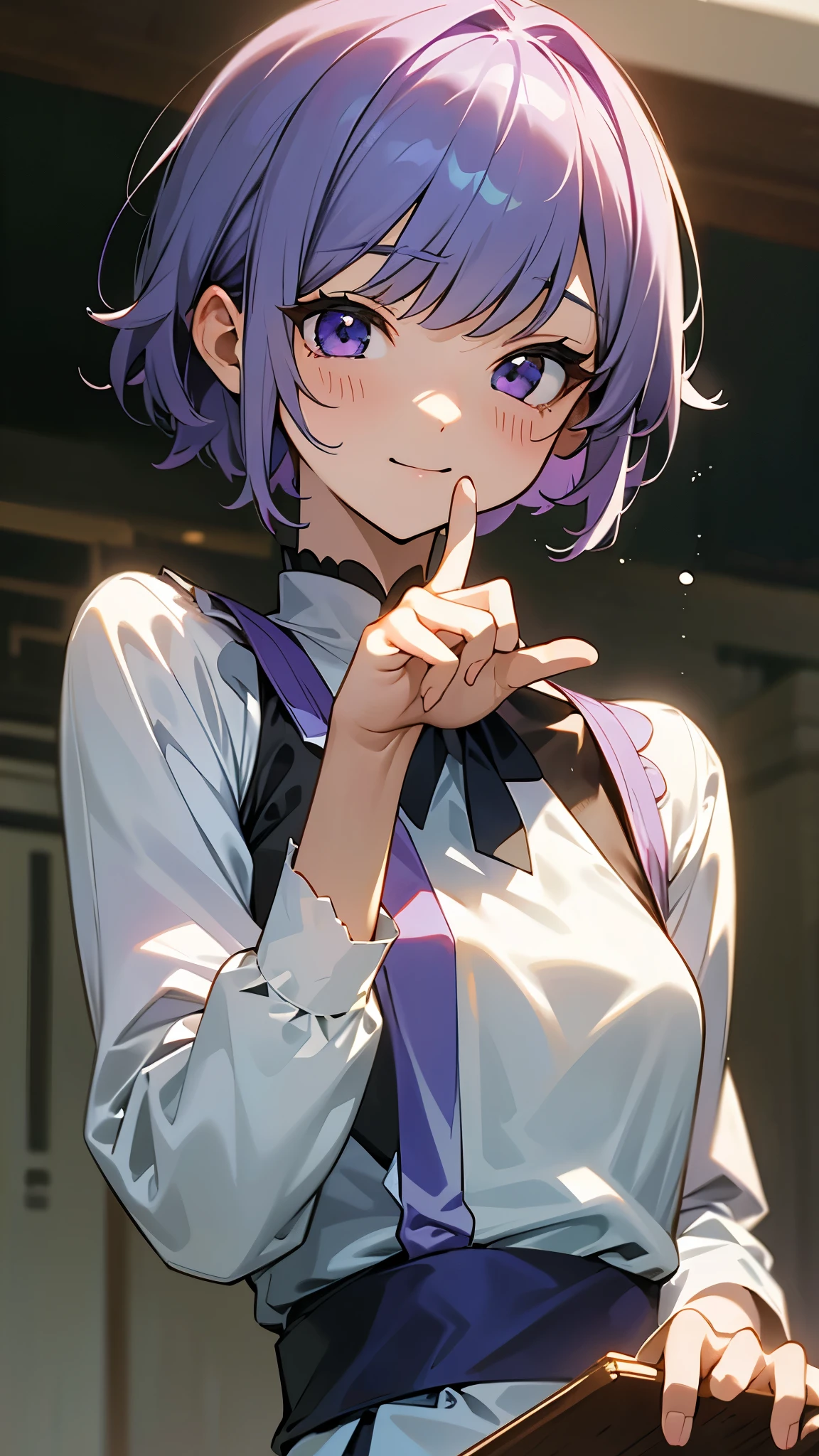 (from below:1.2)、(dynamic angle)、Clothes that get messy when you move、Purple short hair、purple eyes、small breasts、(((small breastsのfrom below素肌が見える白いレースのエプロン)))、 smile that captivates the viewer 、stare at the cameraman looking straight ahead、(Professional Lighting)、 writing depth of boundary 、beautiful hands、beautiful fingers、Detailed finger features、Detailed Garment Features、