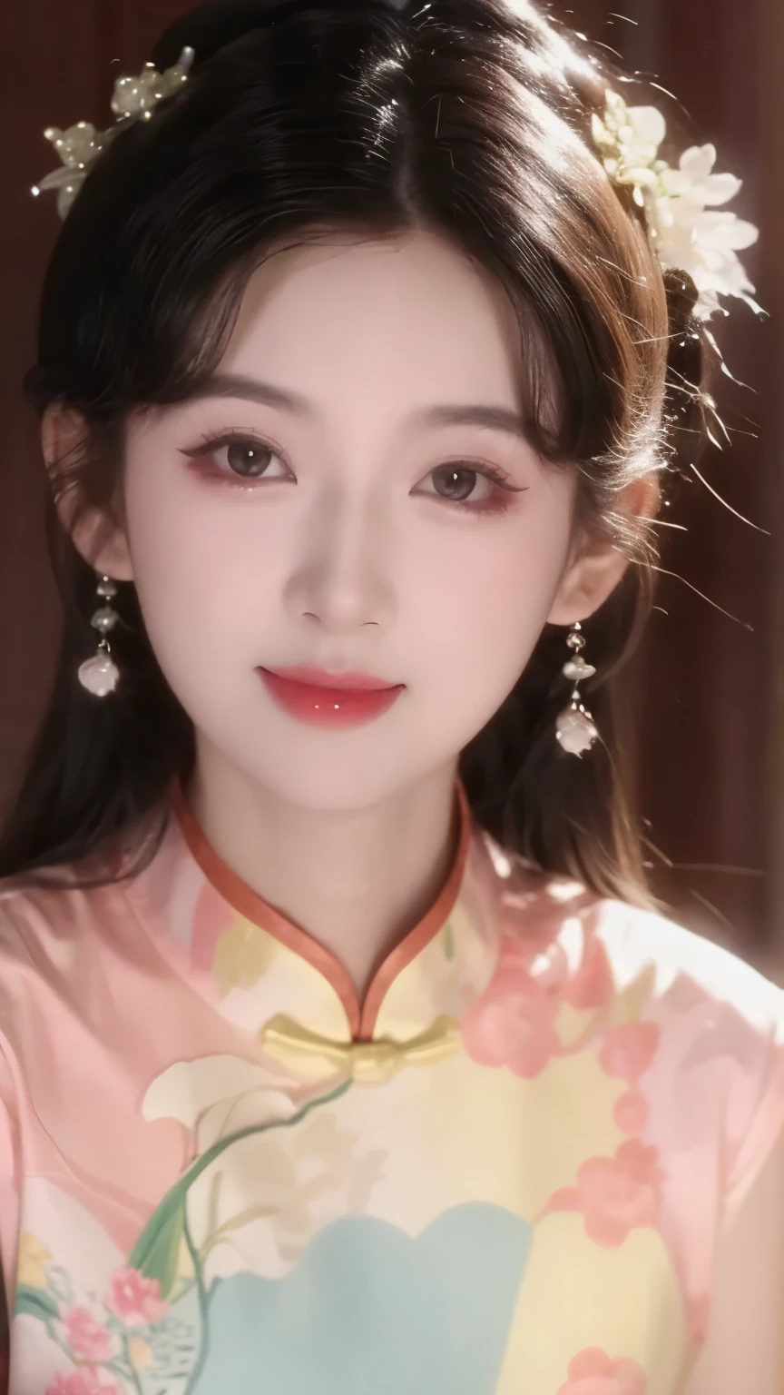 1 beautiful girl,Best Quality,(painting:1.5),Chest,torii,,depth of field, detailed face ,facial focus,ribbon_trim,(watching the audience:1.25),Smile,Thick lips,Real People, white cheongsam