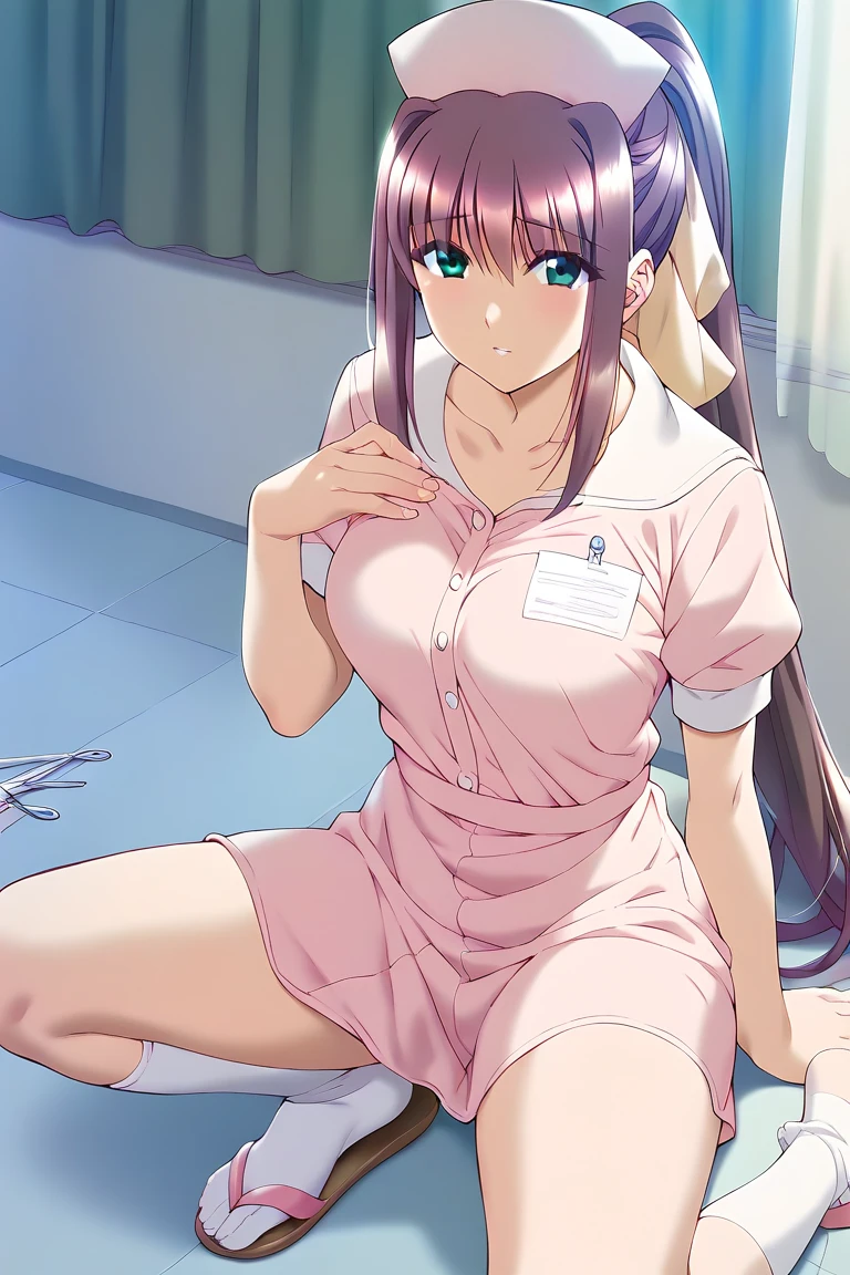akiko_minase, long hair, purple hair, blue eyes, braid, single braid, hair intakes, hair over shoulder, mature female, large breasts, solo, Nurse, ((White nurse cap, White nurse uniform)), ((White legwear, zettai ryouiki)), White Gloves, Smile, Standing, ((Hospital room)), sharp outline, Short sleeves, Best Quality, masutepiece
