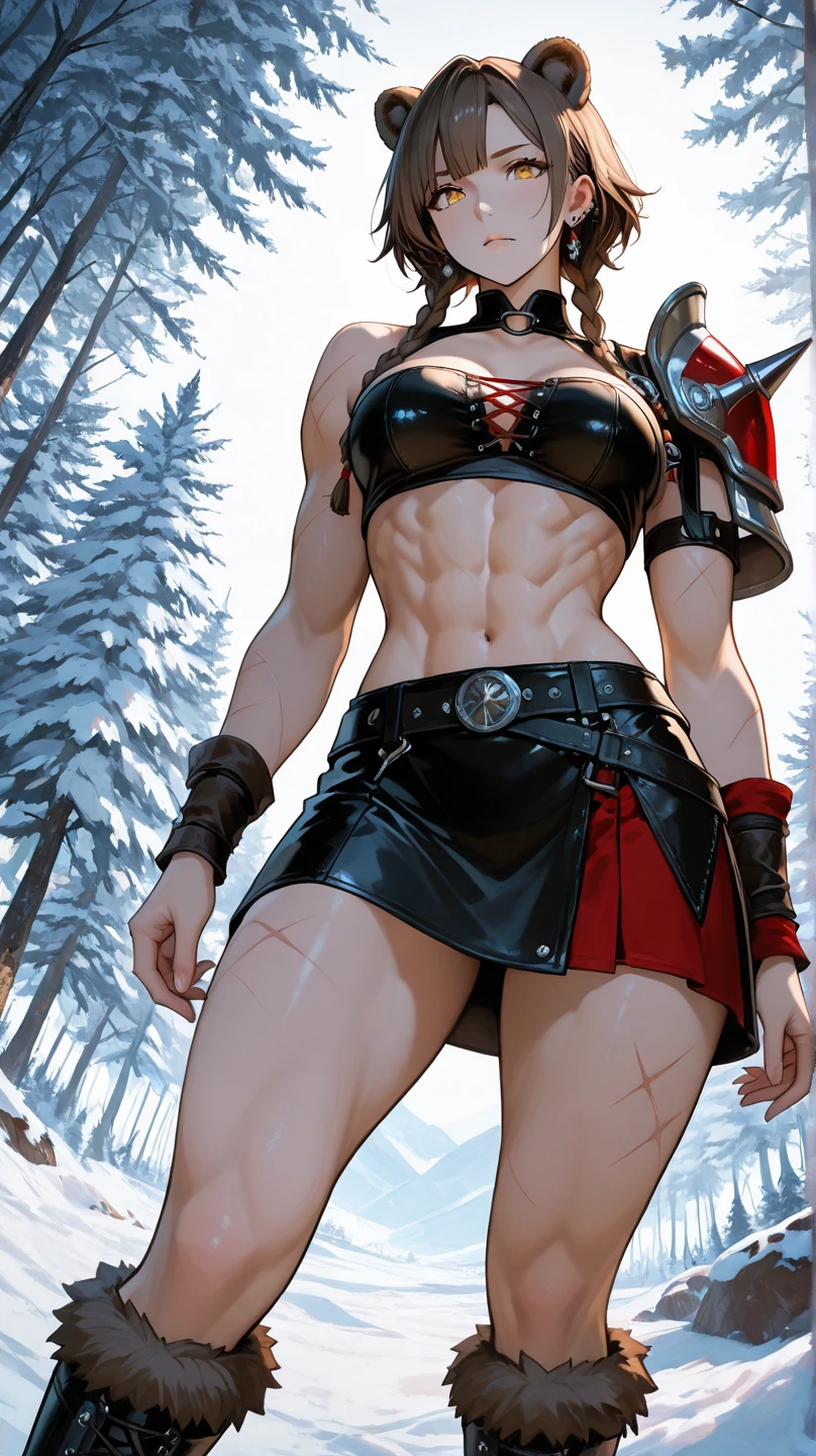 A grey skinned female barbarian, red hair, (((red eyes))), red iris. ((Gray skin)), ((Grey skin)),(((Detailed eyes))),(((detailed face))), tall, muscular body. Braided ponytail, hair back in ponytail. Barbarian clothes, midriff, loincloth, leather boots, holding a great sword. Mountain background. Body shot. Tribal tattoos, hide armor, fur trim