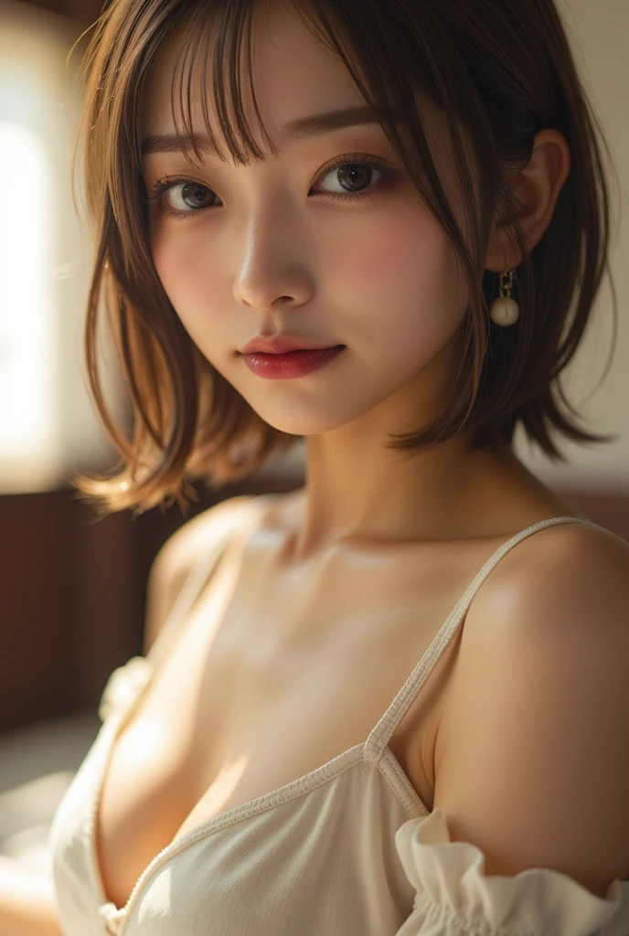 Tabletop, highest quality, figure, Super detailed, In detail, High resolution, 8k wallpaper, Perfect dynamic composition、Cute 27 year old girl、Beautiful face in every detail、Detailed and cute eyes、Textured skin、Slightly parted lips、Short wavy brown hair、Small breasts、Red Tank Top、sexy shot looking at camera、garden、