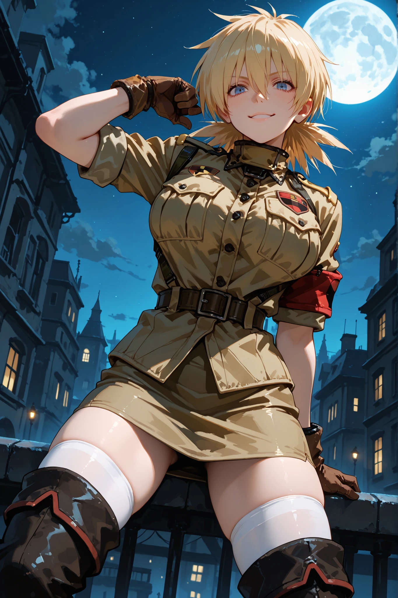 1girl, seras victoria, blonde hair, short hair, blue eyes, khaki military uniform, belt, red armband, breast pocket, khaki pencil skirt, zettai ryouiki, white thigh highs, black boots, brown gloves, on top of a building, standing, night, moon, beautiful, attractive, gentle smile, dynamic pose, best quality, masterpiece, ultra detailed, very aesthetic