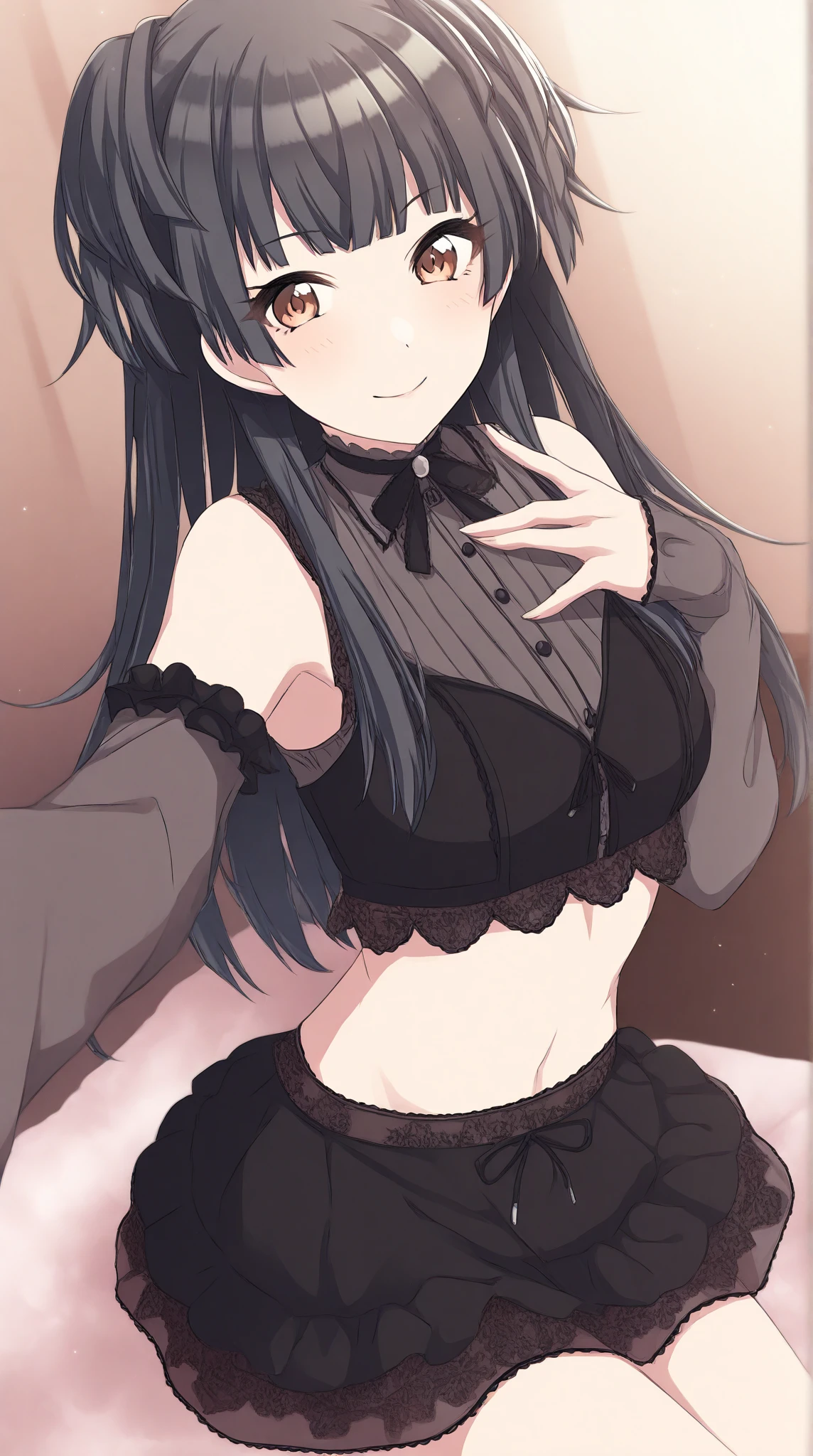 Hands behind back,Tied with hands behind back,lick,from front,front view,looking at viewer, looking ahead,from above,cowboy shot,1girl,Beautiful 14 year old girl,Japanese,Slender,,low length,Small breasts,Thin legs,Small Ass,Baby Face,Small face,Black Hair,Long Hair,Gray Eyes,Drooping eyes,slit pupils,narrow eyes.middle School girls,Black collar with black leash,Bunny ears,String extending to the camera side,Sheer black and pink negligee,lingerie,open mouth,tongue out,front face,Kneeling,Straight Stand,Beautiful and detailed anime art,Mischievous smile,Sexy vibe,cum on tongue,Dimly lit room,On the bed,Simple Background,Gray background,Low lighting,
