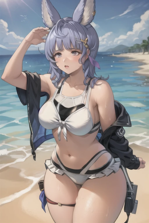 best quality,masterpiece, high res,original, beautiful detailed eyes,ultra-detailed, 1girl, charlotte, hat, medium_hair, monocle, pink_hair, solo, green_eyes, (bikini, beach, ocean), looking_at_viewer,
