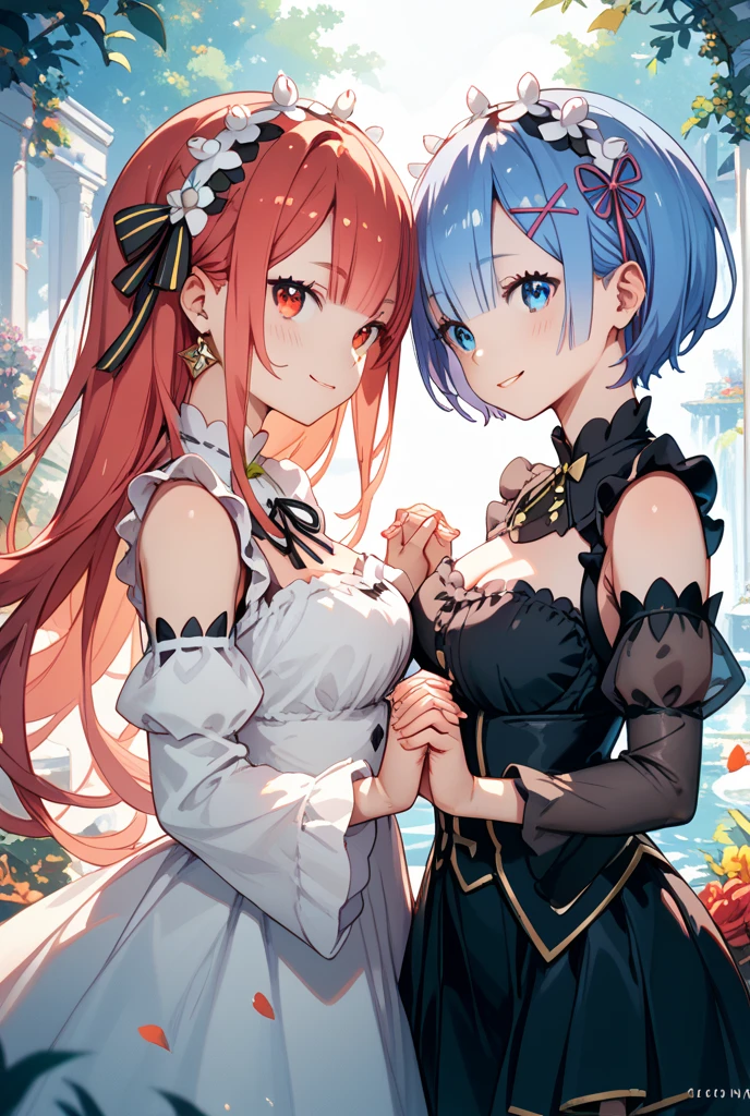 Two girls dressed in diametrically opposed clothes,One angry and one laughing,A red eye,A blue eye,A handsome,A beautiful one