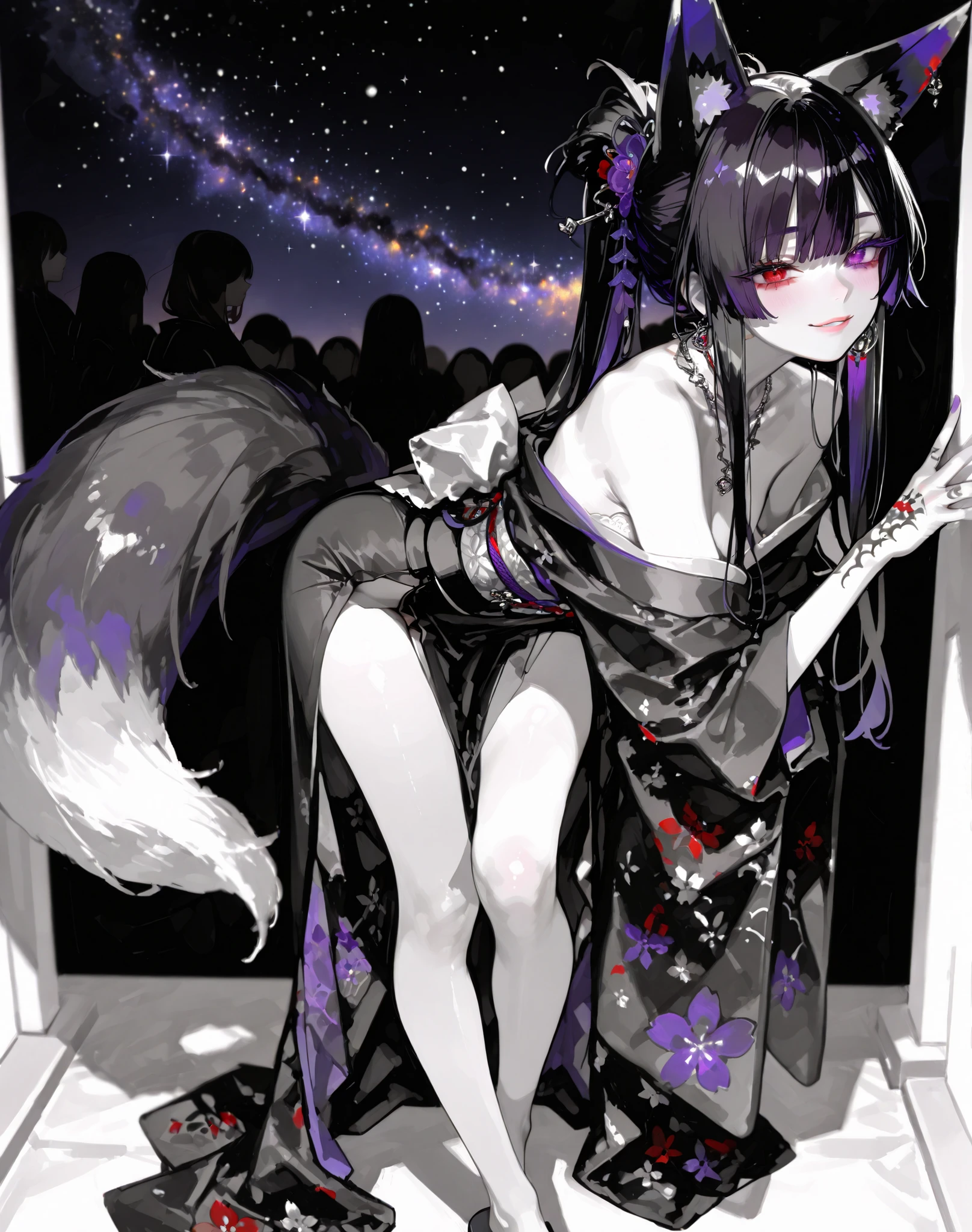 一位黑白色long hair女人，Heterochromia，A woman with purple eyes，一只Red Eyes，wear a dark black Japanese kimono，No lower body clothing，showing thin white legs，There is a fox tail on the back。Playful smile， masterpiece,best quality,Ultra High Resolution,realistic, 8K Ultra HD ,super detailed,depth of field,alone,1 Girl,and look at the audience, bangs,long hair, black and white double ponytail ,The hair between the eyebrows,fox ears, starry sky background ,simple background,Red Eyes,Thick eyelashes,playful gaze,slightly open her lips,Fuchsia Lips,Jewelry,earrings, necklace, Neck Tattoo ,Hand tattoo ,spot color,Kimono,bare shoulders,Delicate Fabric Wrinkles, standing,Purple nails,Warm colors,full body photo，Face the audience