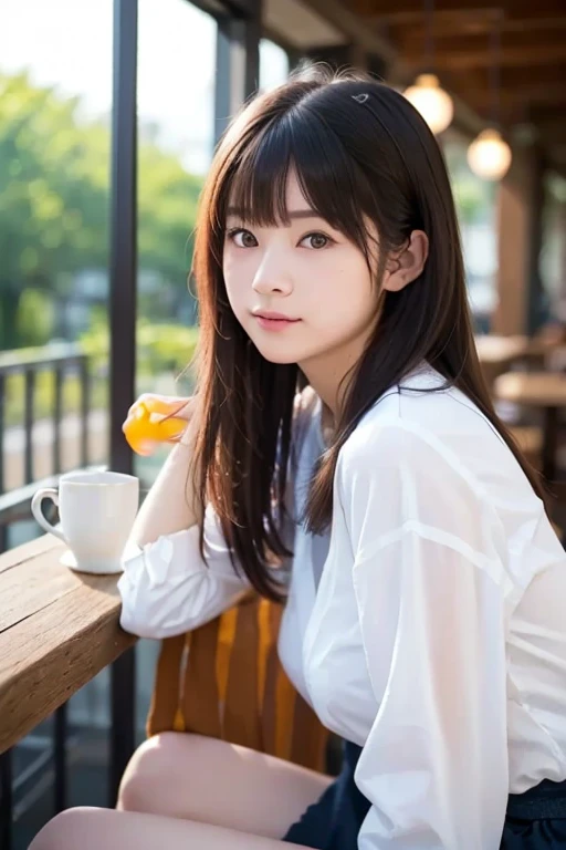 (Best-quality, Masterpiece, Ultra-High-Resolution, (Photorealistic:1.4), Raw Photo, depth of field, professional lighting, perfect anatomy, extremely details), 1girl, 15-years-old, the most famous Japanese idol, ((at outdoor terrace of Cafe, drinking alcohol)), looking at viewer, innocent smile, wearing summer-clothes with cute-design, ((extremely cute face like the most popular Japanese idol, ((extremely cute and extremely big eyes)), extremely realistic hair, extremely beautiful and extremely realistic skins)), extremely cute long-eyelashes, extremely cute lips