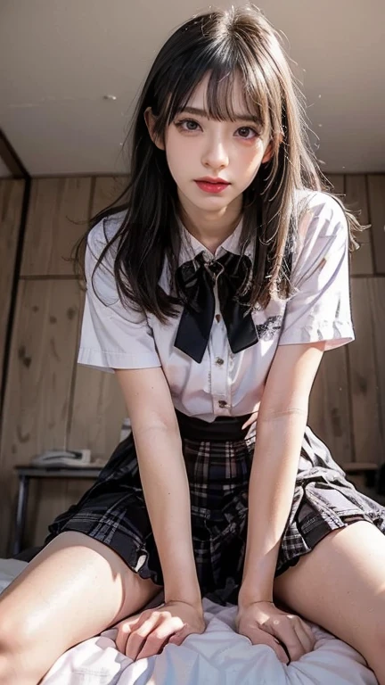 Top Quality、Hight Resolution、extremely highly detailed、masterpiece、Raw-Photo:2、realisitic:2、Photorealcitic:2、very delicate and beautiful.、delicate detail、 textured skin、1girll, (Light brown medium hair), ((Girls' school uniforms)), 18 years old beautiful Japan girl、Satisfied look, ((opening legs、open your legs、Crotch main、After ejaculation in、The plot is dark.、Accurately the fingers of the hand))、school wooden desks and chairs、Chalk board、Residential areas sinking behind windows、sunset class、In SFW
