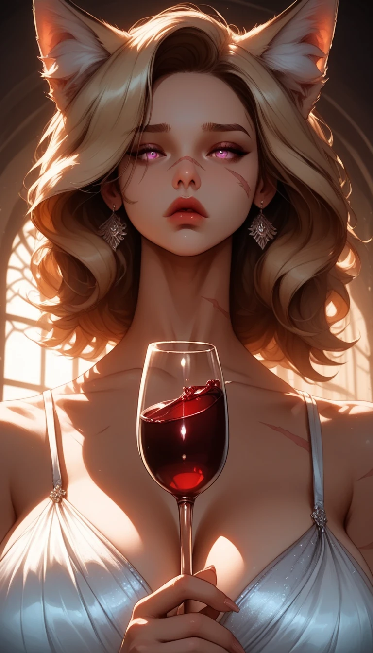 A young female vampire, beautiful, in a silver gown, holding a glass of wine in her hand. --auto --s2