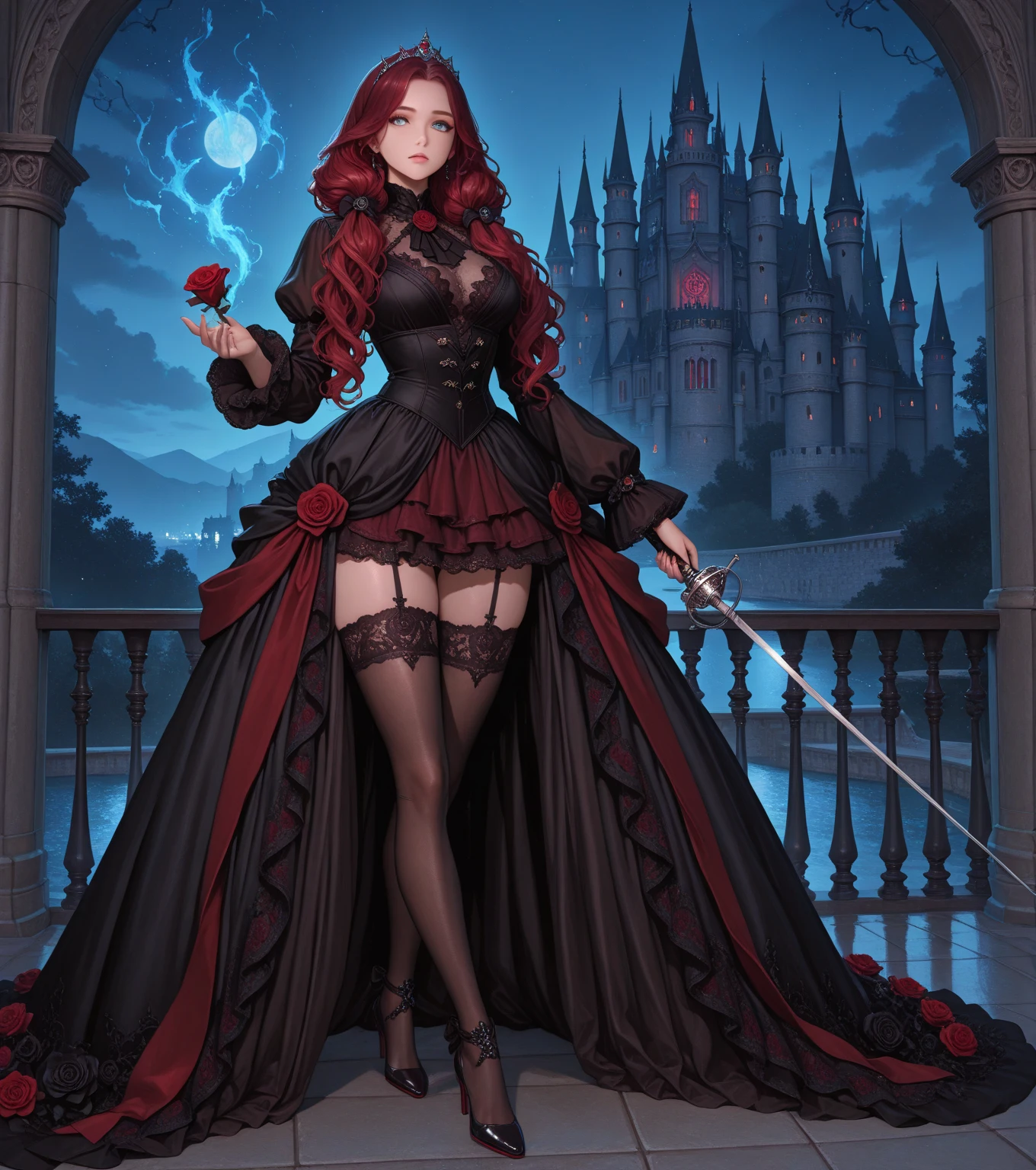 a glamour picture shot,  ((full body: 1.5) of an elite vampire model, walking on a (dark catwalk: 1.2), an extraordinary glamourous elite female vampire model, ((full body: 1.5)),  ((anatomically correct: 1.5), (ultra detailed face: 1.2), best detailed face, blond hair, long hair, lush hair, red eyes, delicate face, light make up, wearing intricate blue detailed dress, glamour dress, haute couture dress, elite fashion dress, white dress, decorated with diamonds,  small cleavage, wearing high heels, elegant high heels, she wears diamond necklace, elite fashion show background, vibrant, Hyperrealism style, vibrant, Ultra-high resolution, High Contrast, (masterpiece:1.5), highest quality, Best aesthetics), best details, best quality, highres, ultra wide angle, 16k, [ultra detailed], masterpiece, best quality, (extremely detailed) RAW, hud_s1n, short black dress, long sleeves, veil, thighhighs, rpg portrait, photograph, BloodSoakedAI, vampire teeth