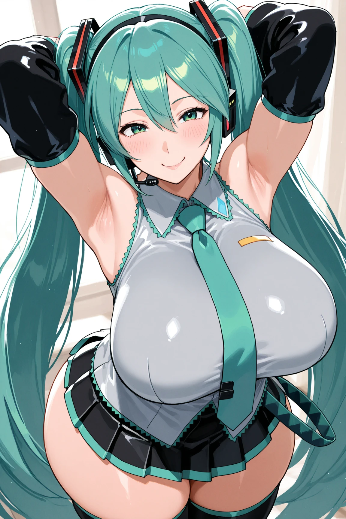 portrait of emb-haiz, pretty face, bedroom at night. masterpiece,micro bikini, Hatsune Miku, dramatic lighting, (badge:1.2).blue tie,,Sexual seduction,Sex life,girl on top,Open abdomen,big bust