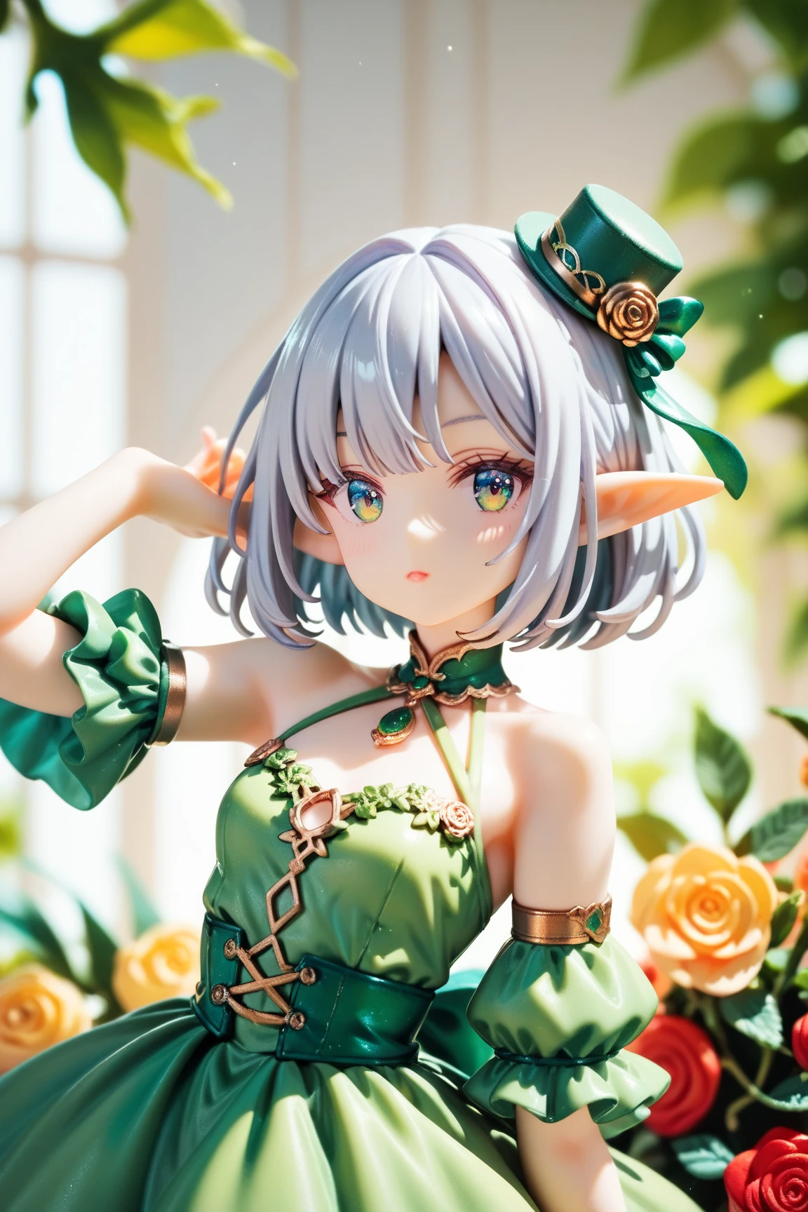 score_9, score_8_up, score_7_up, score_6_up, score_5_up, score_4_up, looking at viewer, 
 1girl, ELF_NK, mini hat, silver short bob cut, green dress, Rose Embroidery, full body:1.3