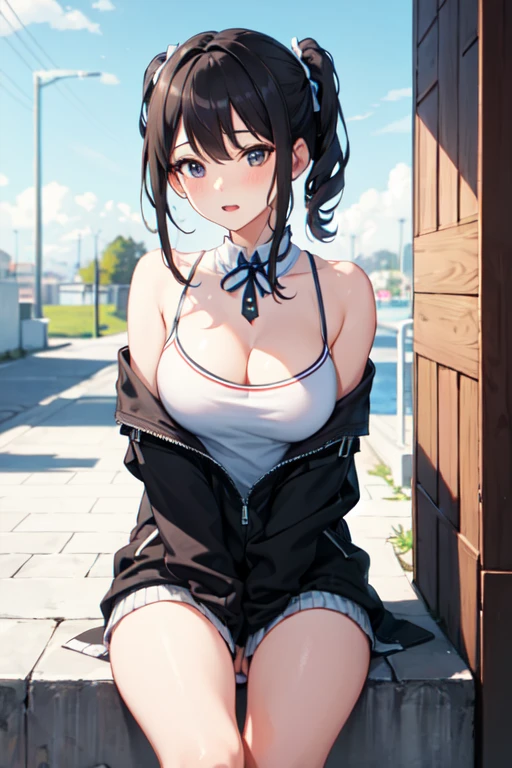 Girl with long hair, black, blue eyes. With big breasts, slim with hips and ass. with jeans, a top, waders. Having a picnic in the park on a sunny day